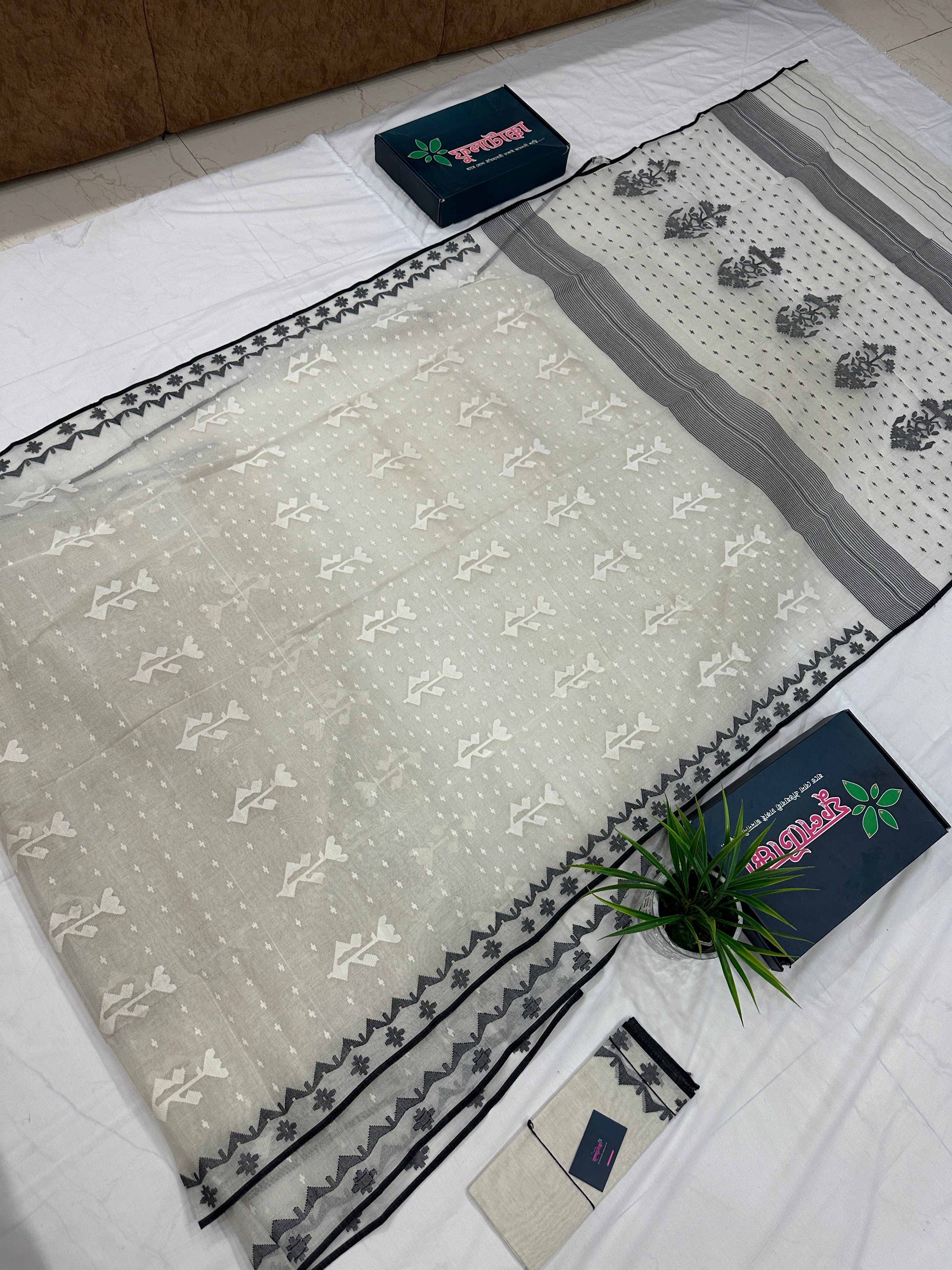 Black White Jamdani Saree With Black Threads & White Threads Work.