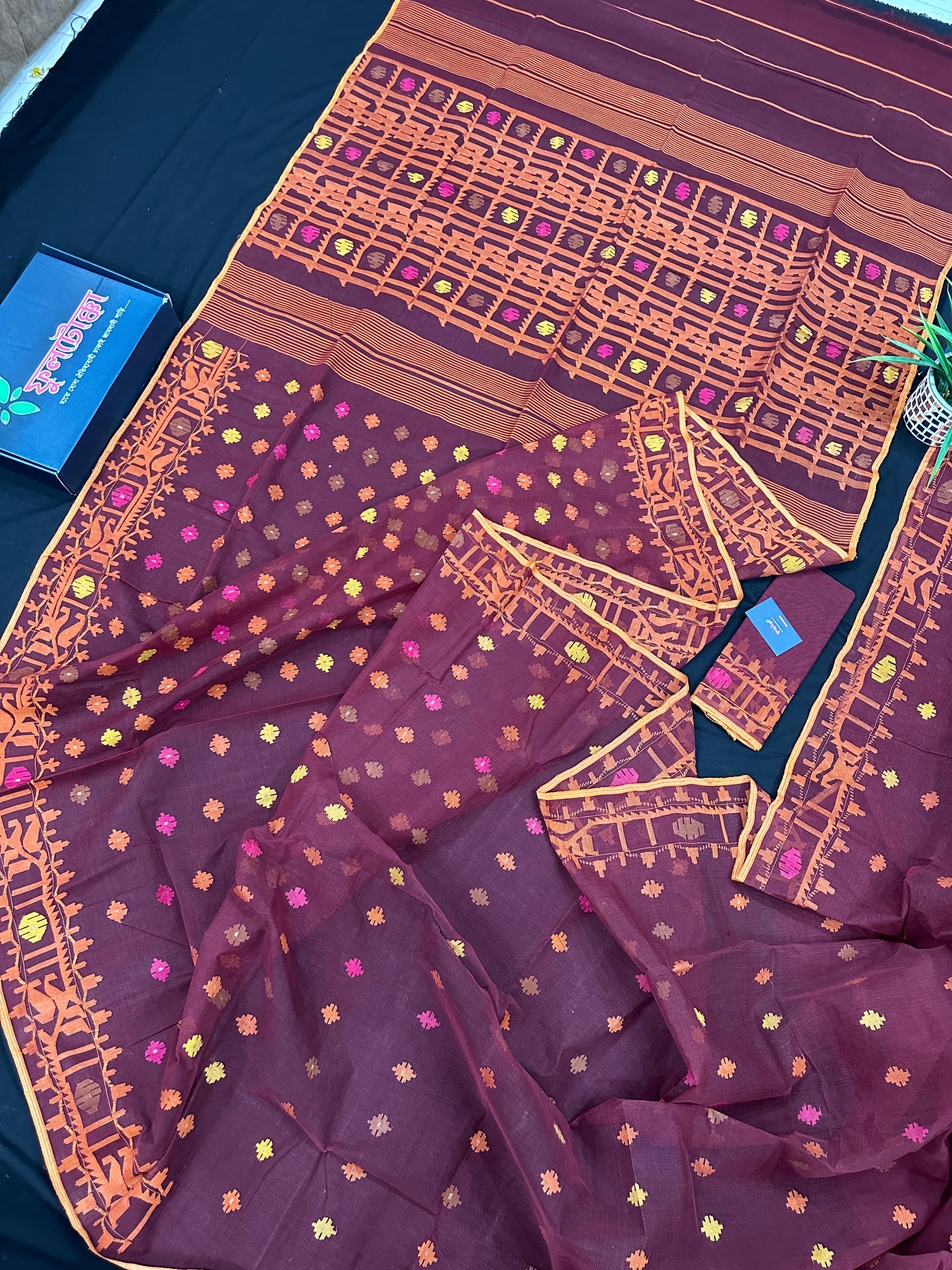 Bitrut colour cotton jamdani saree with yellow orange and pink threads work & blouse piece.