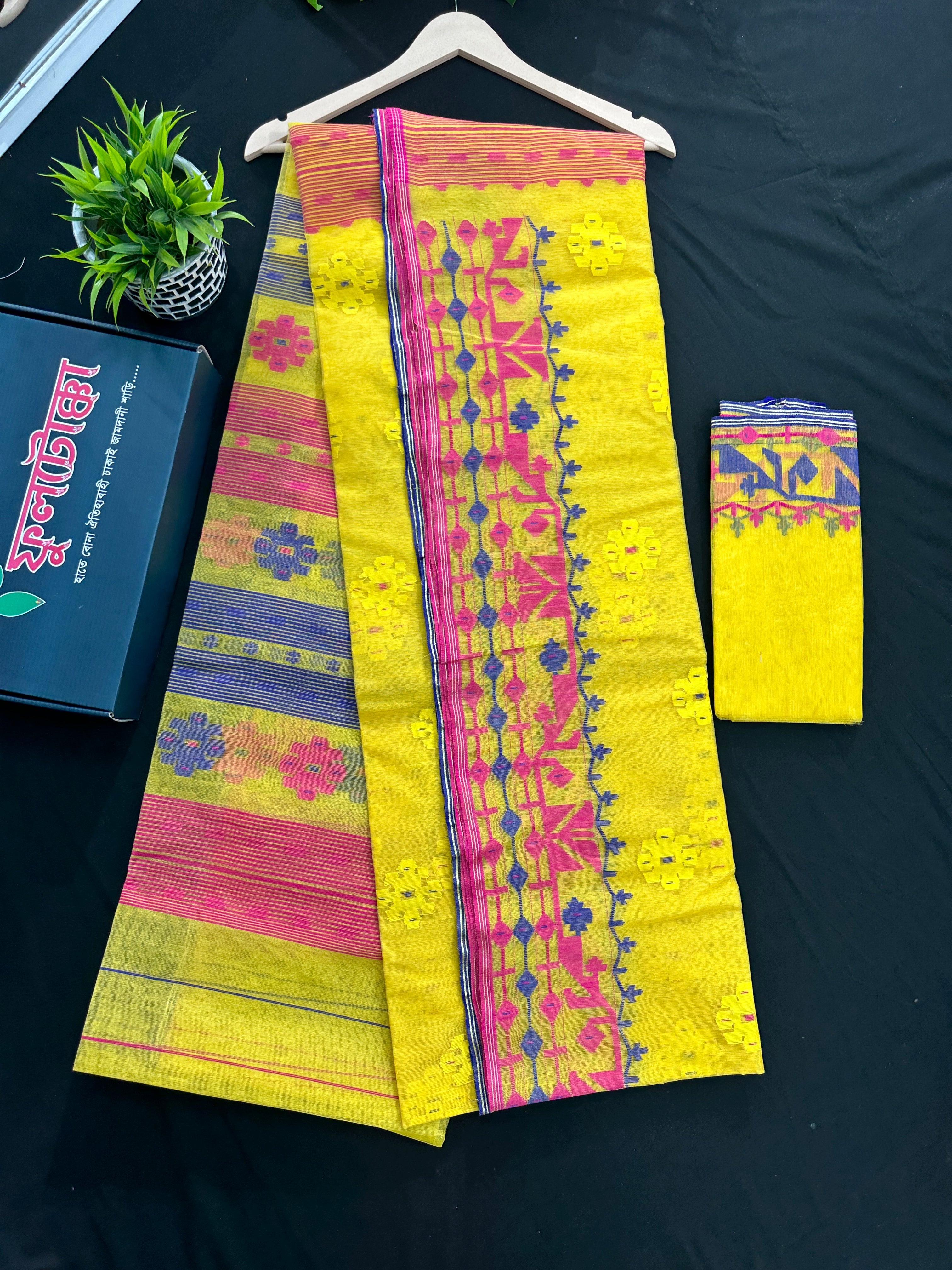 Yellow gonga jamuna design halfsilk jamdani saree with multiple colour threads work