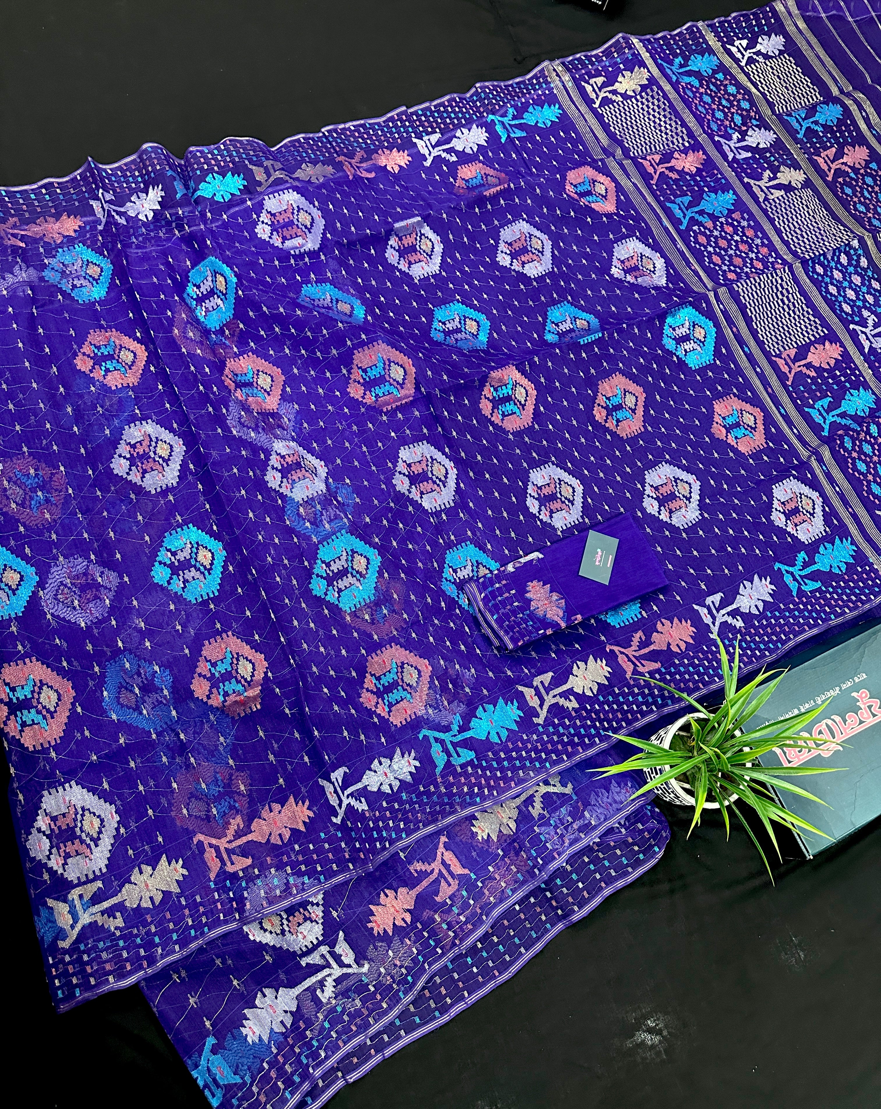 Dual Toned Purple Jamdani Saree With Golden Silver & Copper Jori Work.