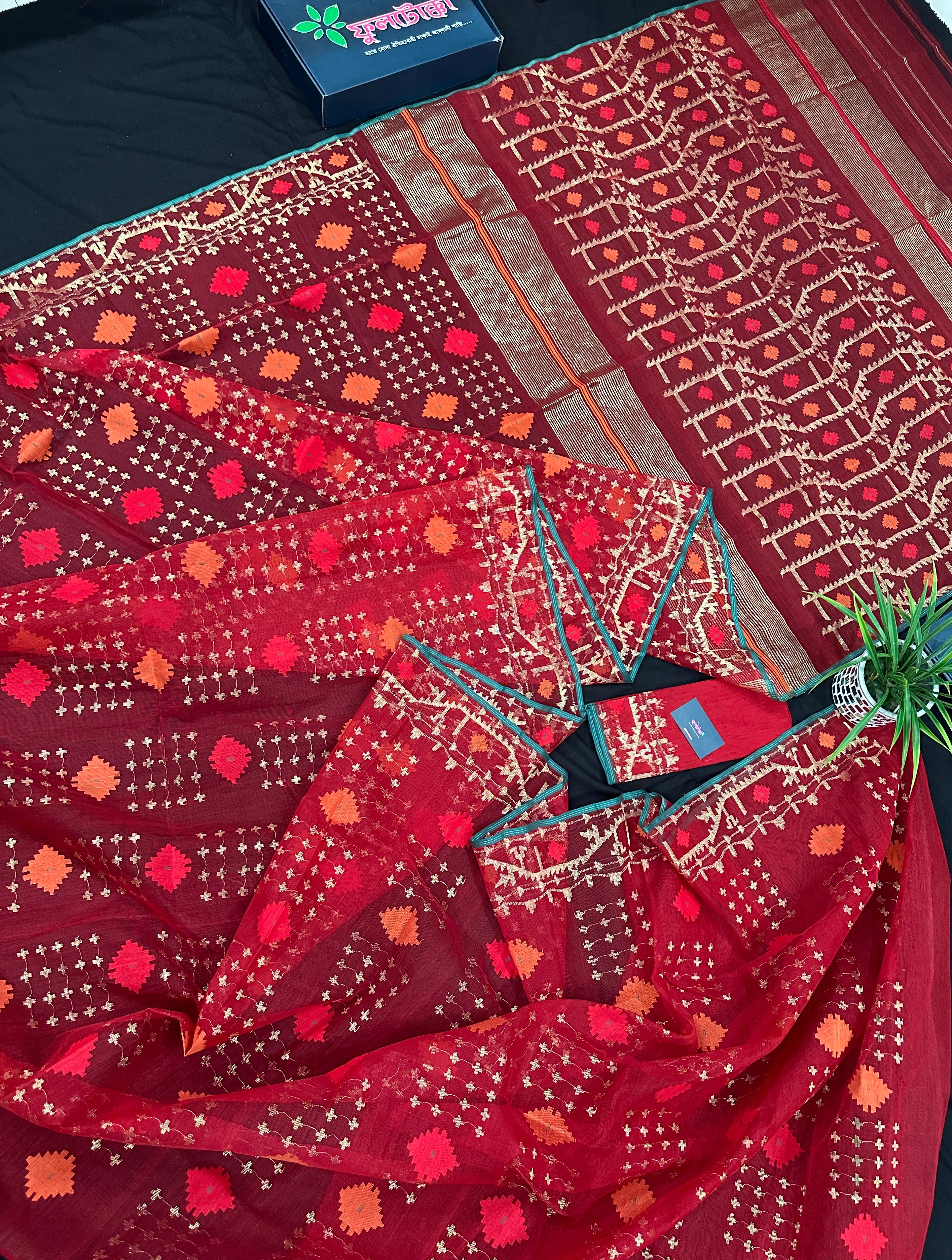 Bridal Red Halfsilk Jamdani Saree With Golden Jori Work & Red Threads work.