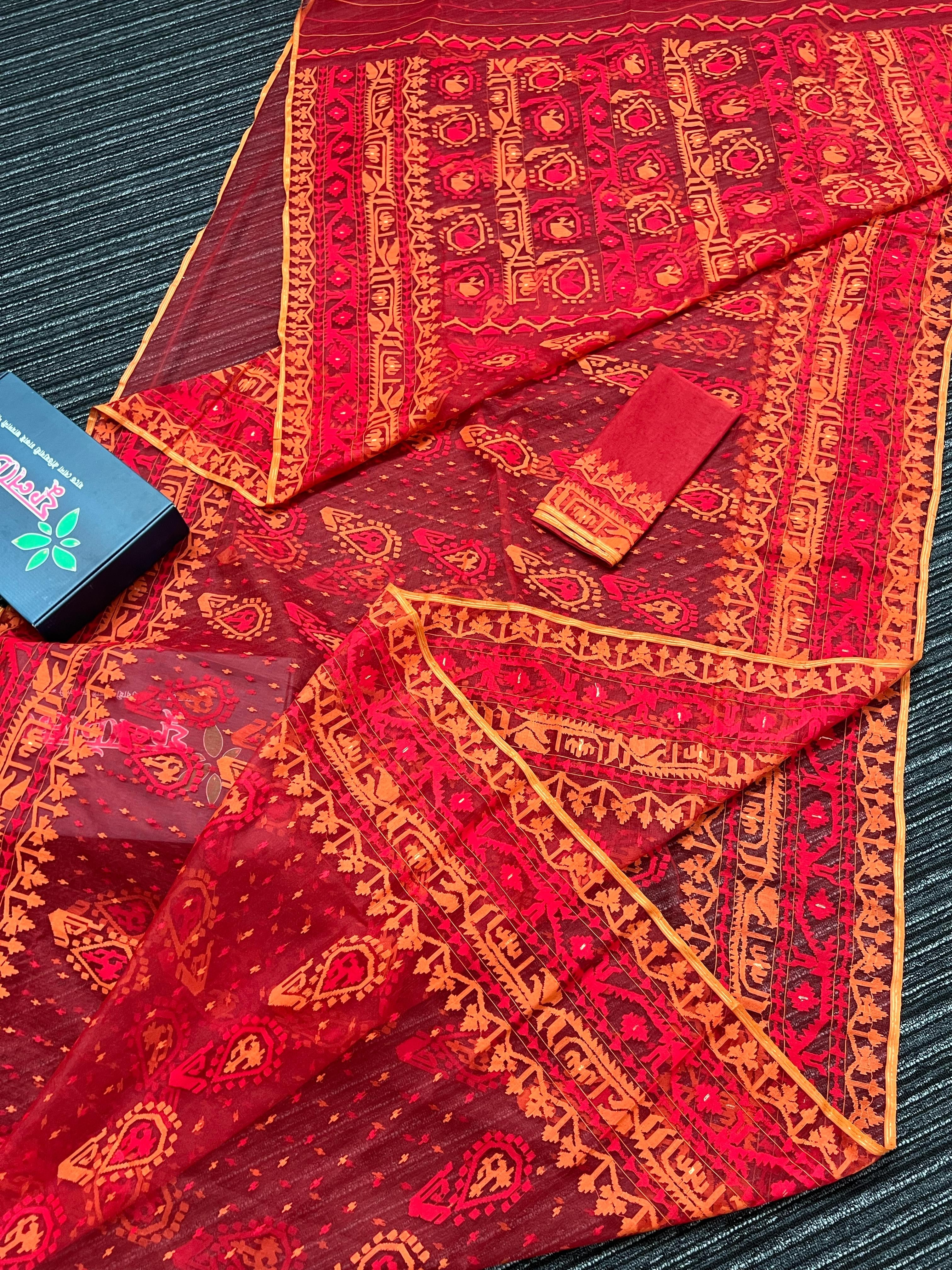 Red bridal exclusive jamdani saree with orange and red threads work