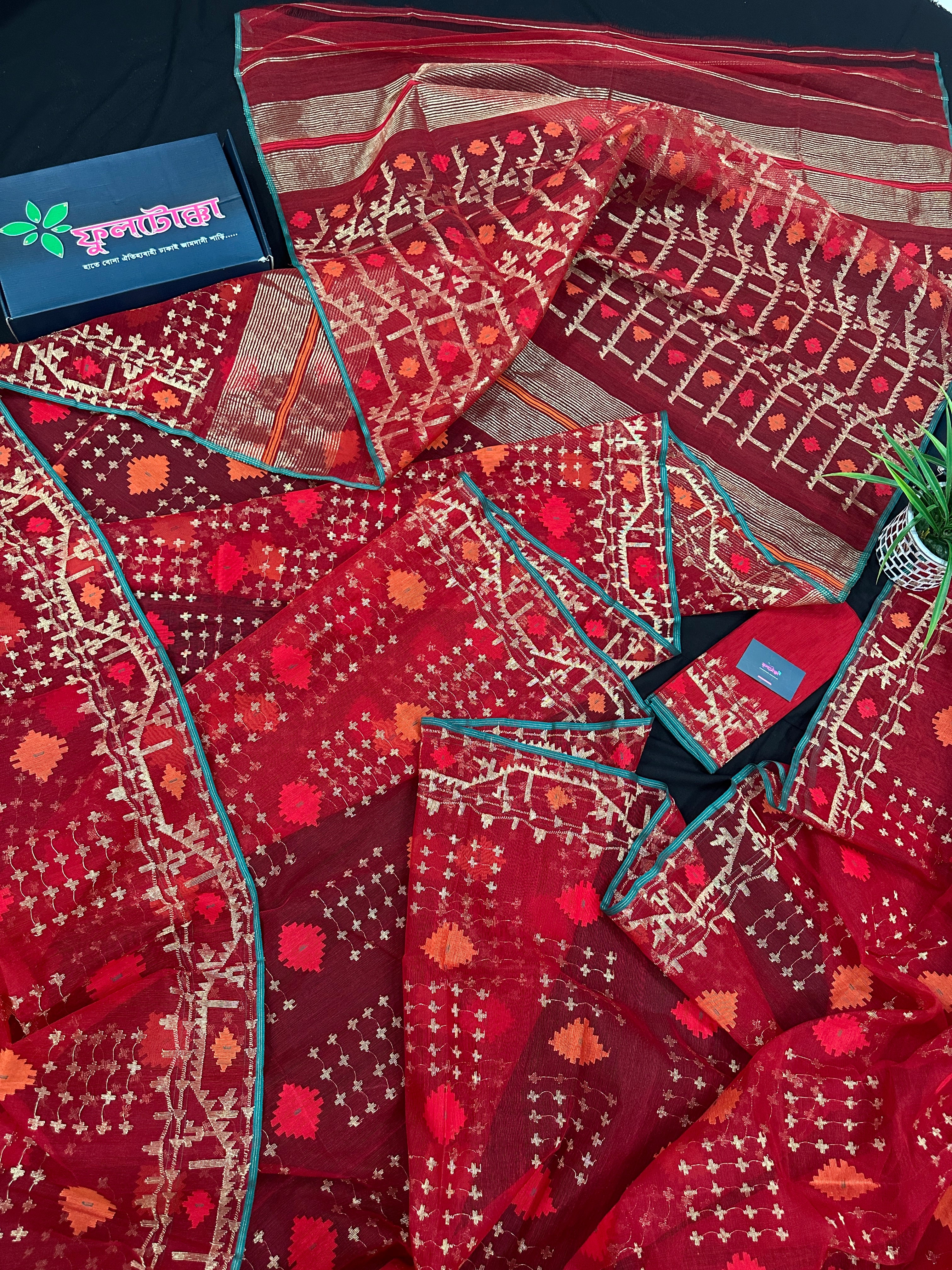 Bridal Red Halfsilk Jamdani Saree With Golden Jori Work & Red Threads work.