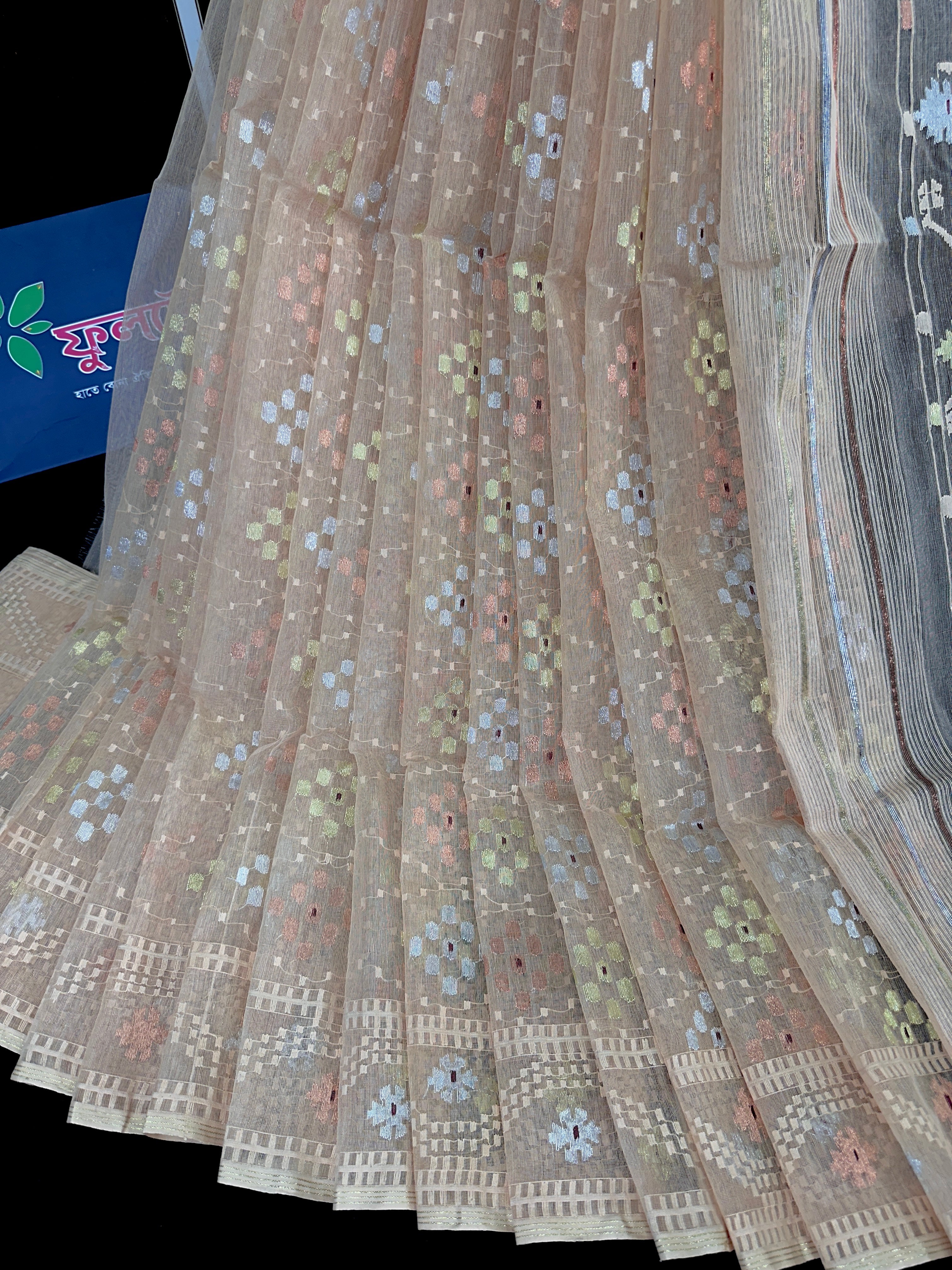 Pearl golden exclusive halfsilk jamdani saree with golden silver & copper jori work