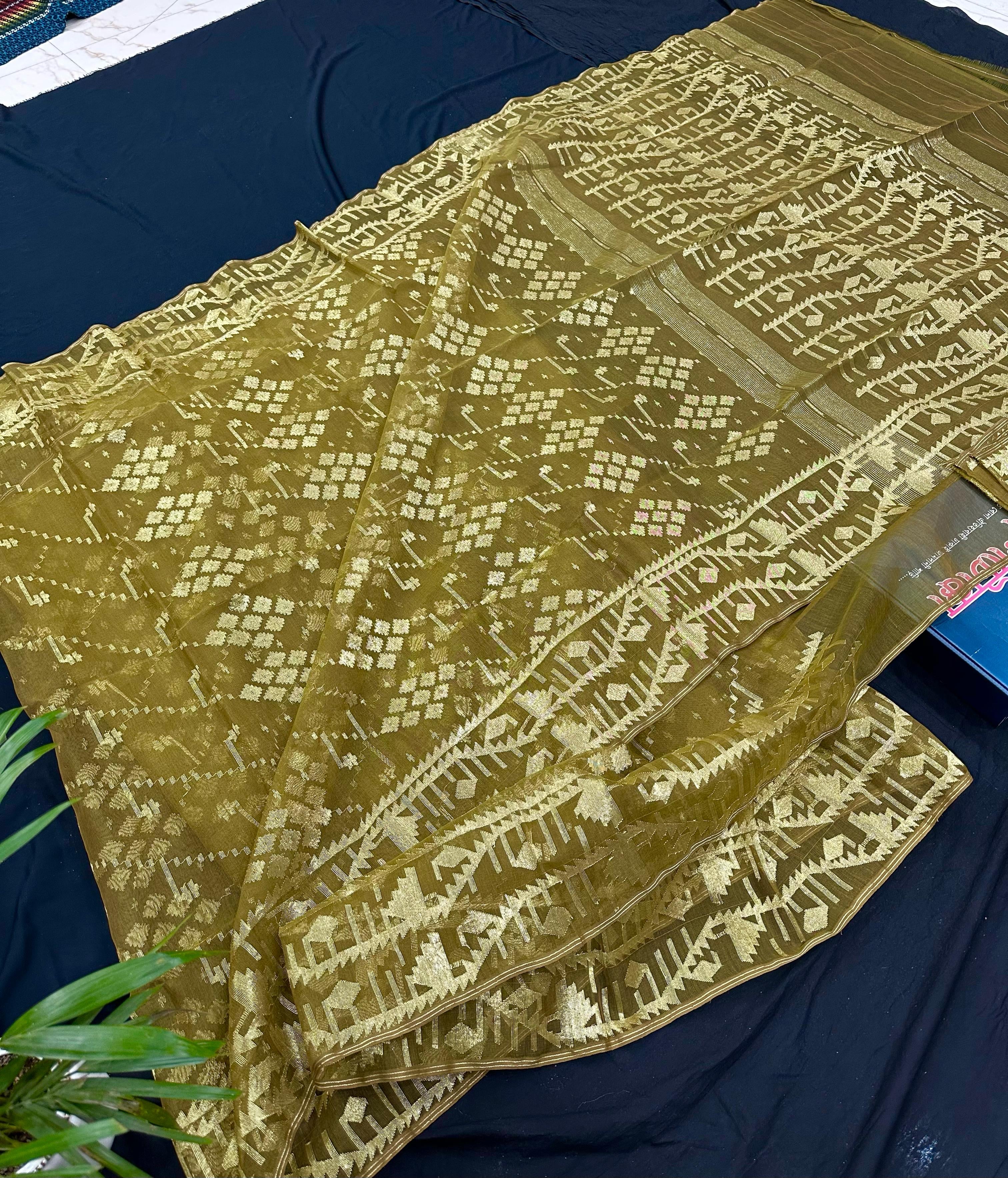 Pure golden halfsilk jamdani saree with all over golden jori work