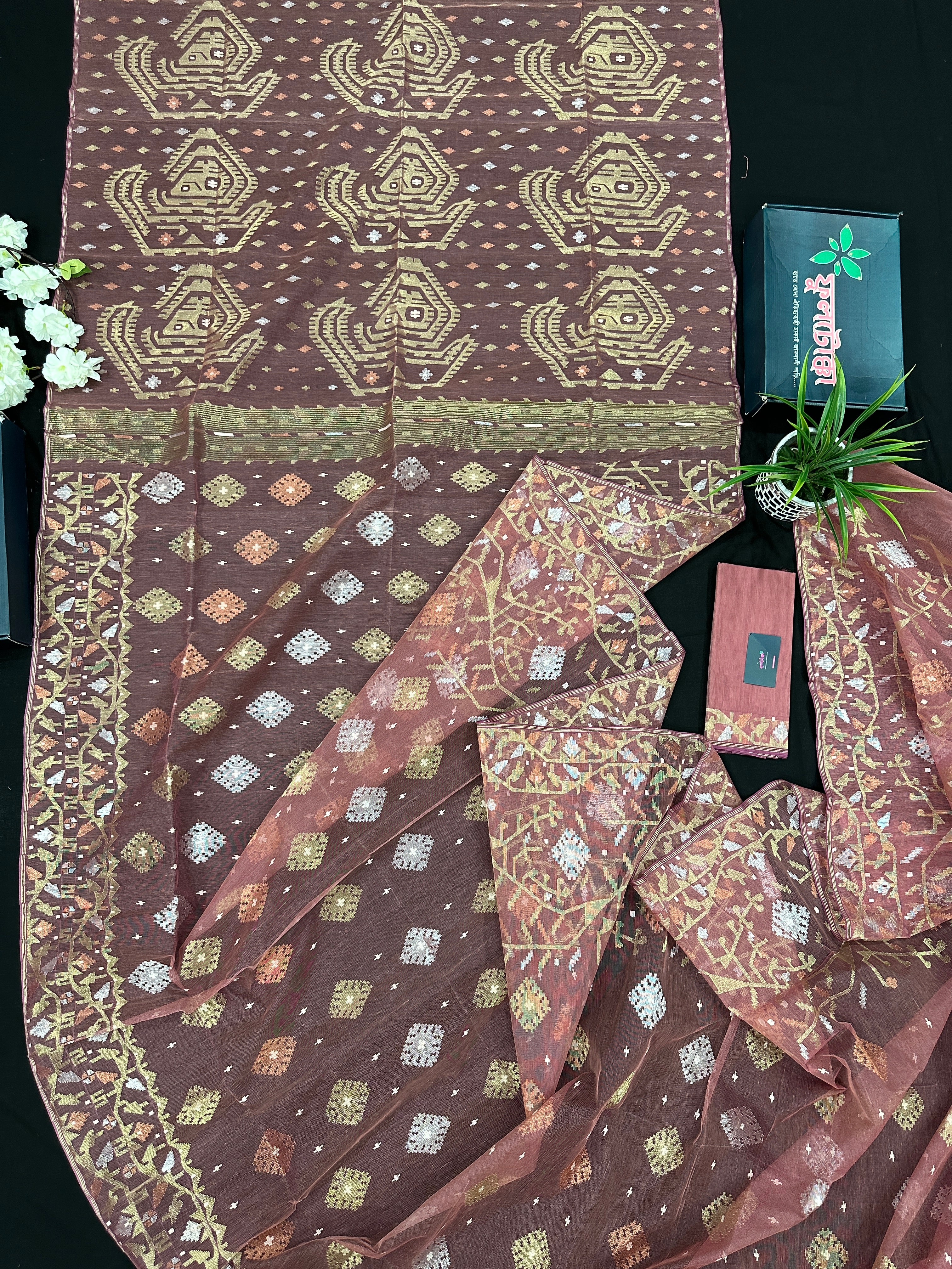 Nude Onion Exclusive Dhakai Jamdani saree with golden silver & copper jori work.