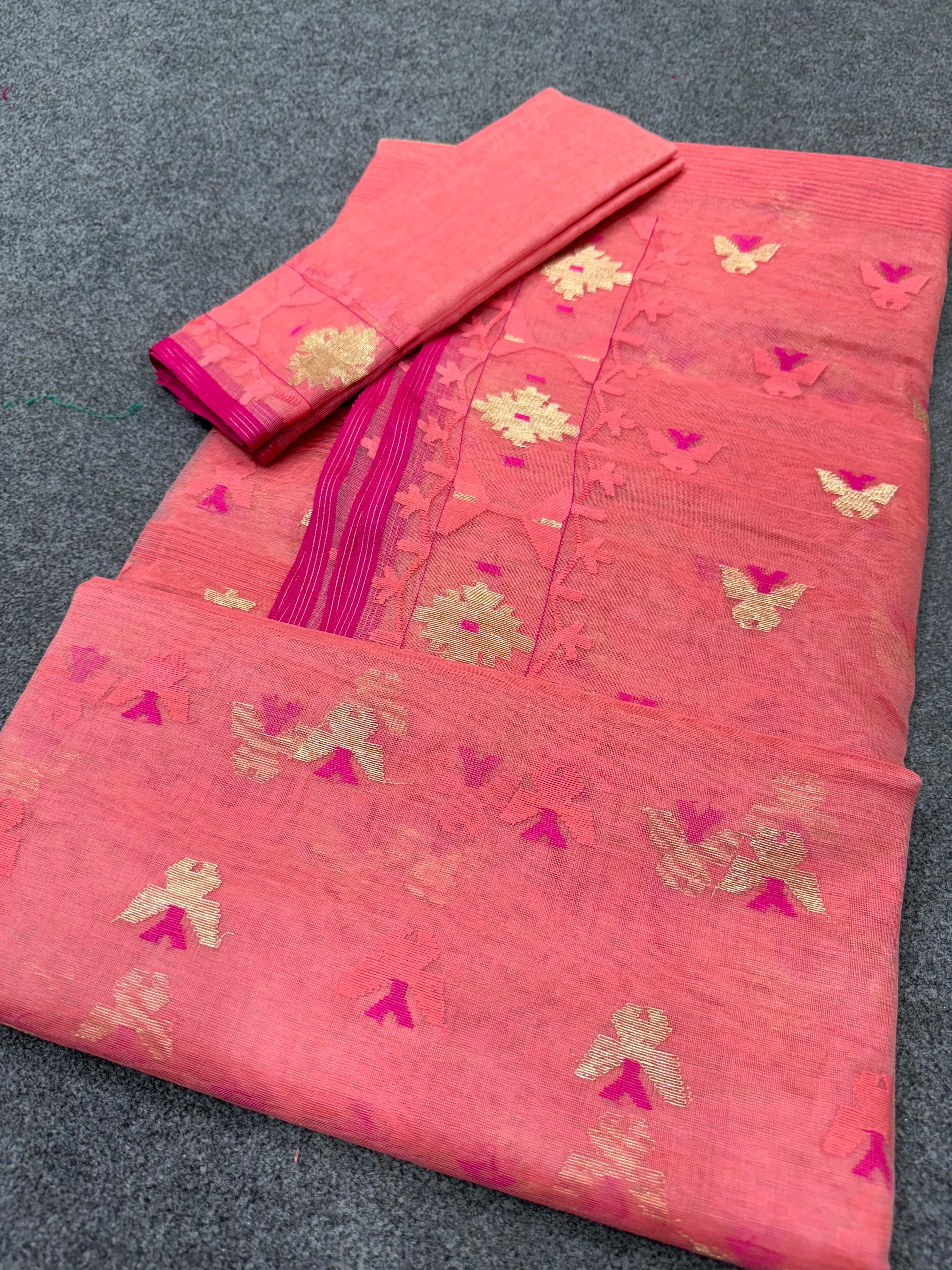 Peace colour Handloom Dhakai Jamdani Saree With Golden Jori Work And Pink Threads Work