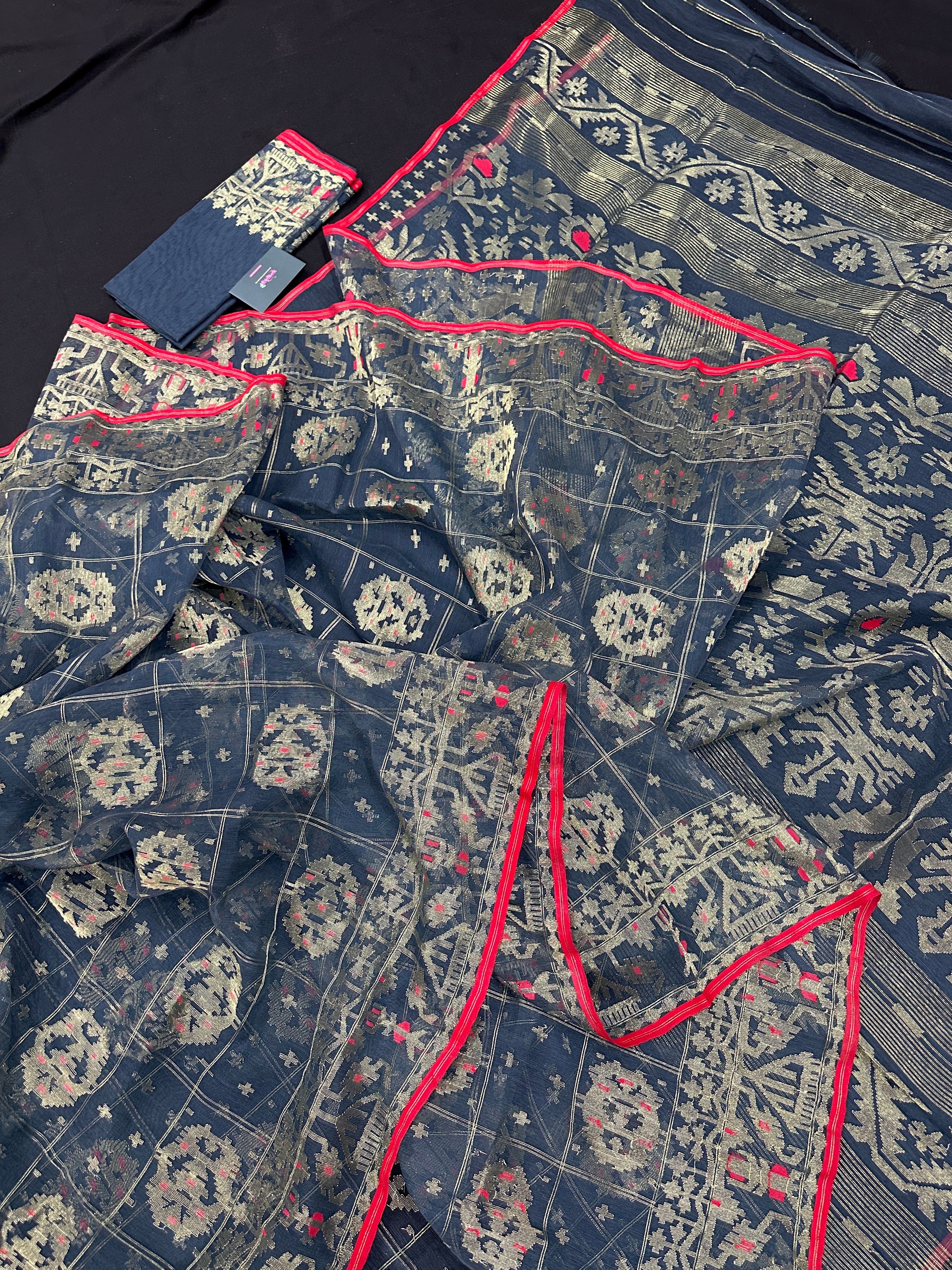 Blueish exclusive jamdani saree with golden jori work and red paar