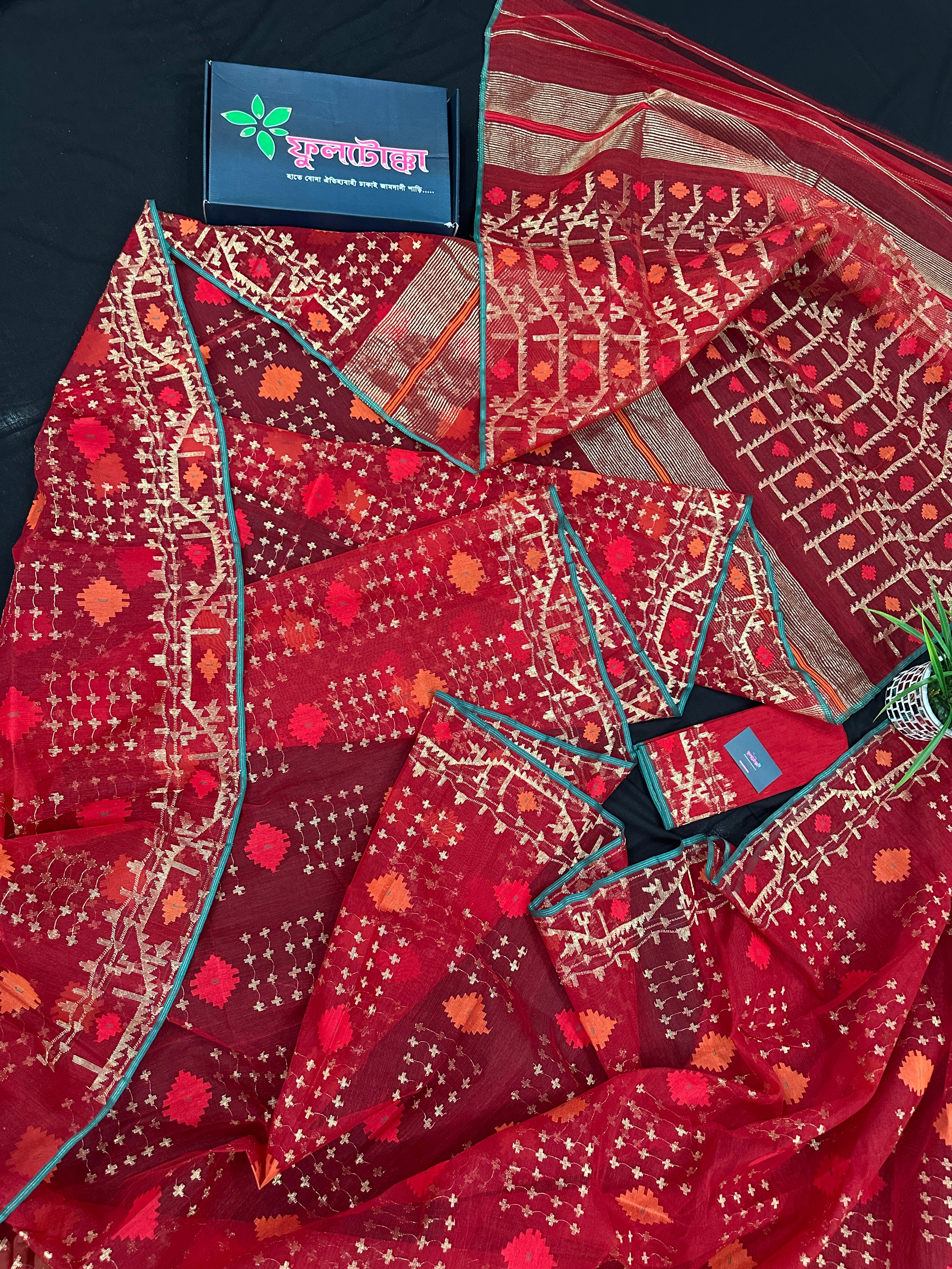 Bridal Red Halfsilk Jamdani Saree With Golden Jori Work & Red Threads work.