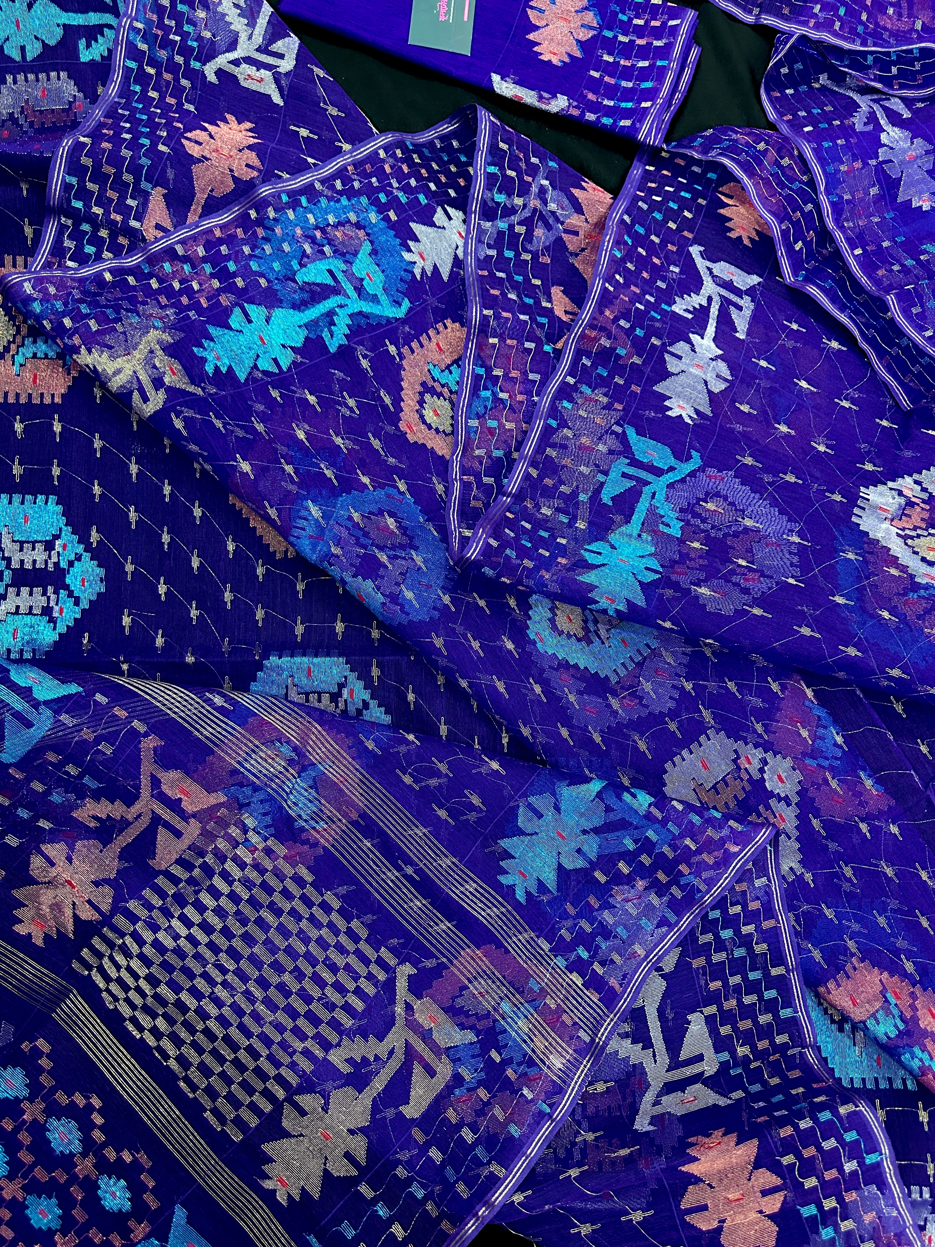 Dual Toned Purple Jamdani Saree With Golden Silver & Copper Jori Work.