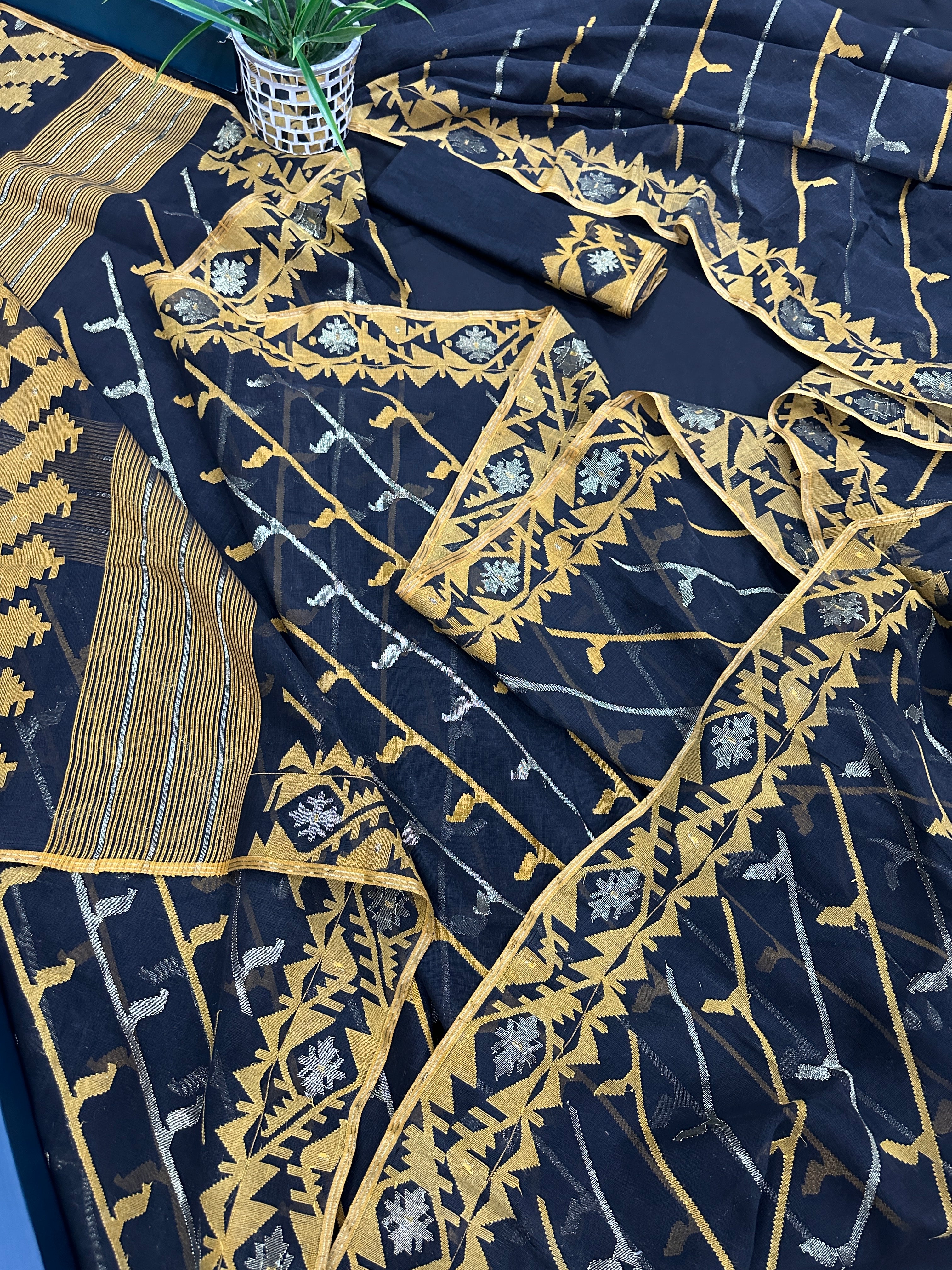 Black cotton jamdani saree with yellow threads work and Silver jori work & blouse piece.