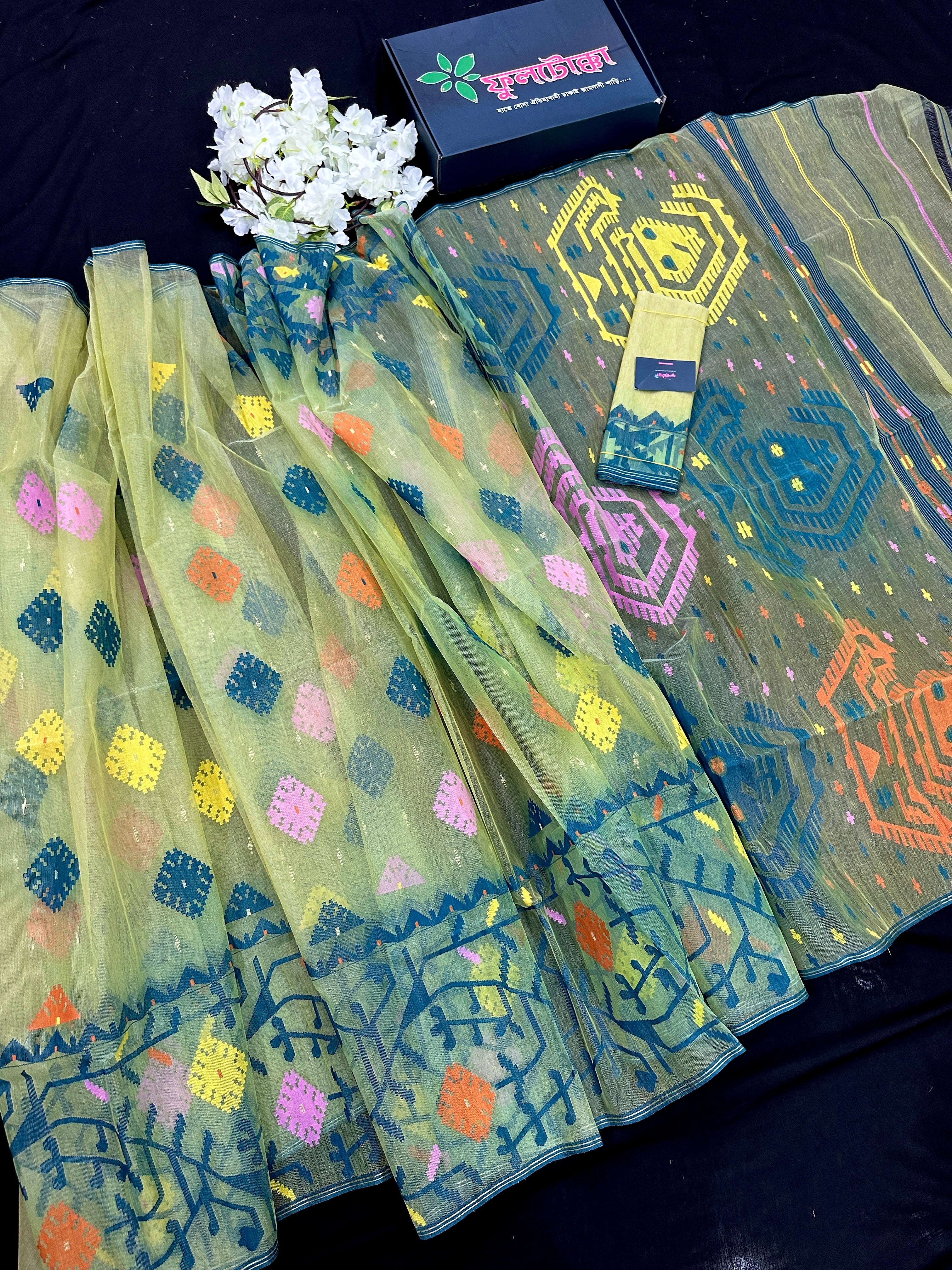 Yellow Exclusive dhakai jamdani saree with all over multi colour threads & flower work soft count.