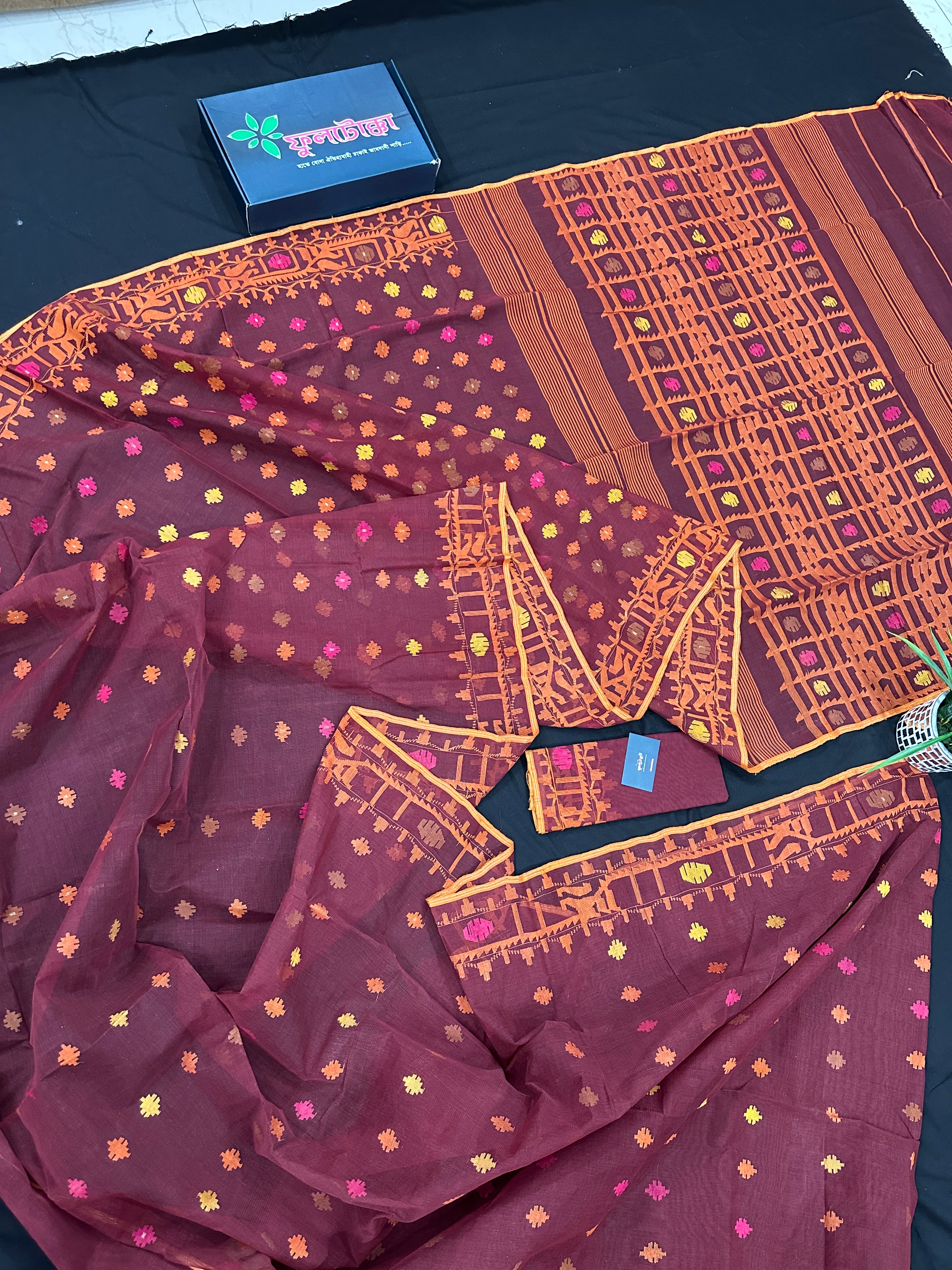 Bitrut colour cotton jamdani saree with yellow orange and pink threads work & blouse piece.