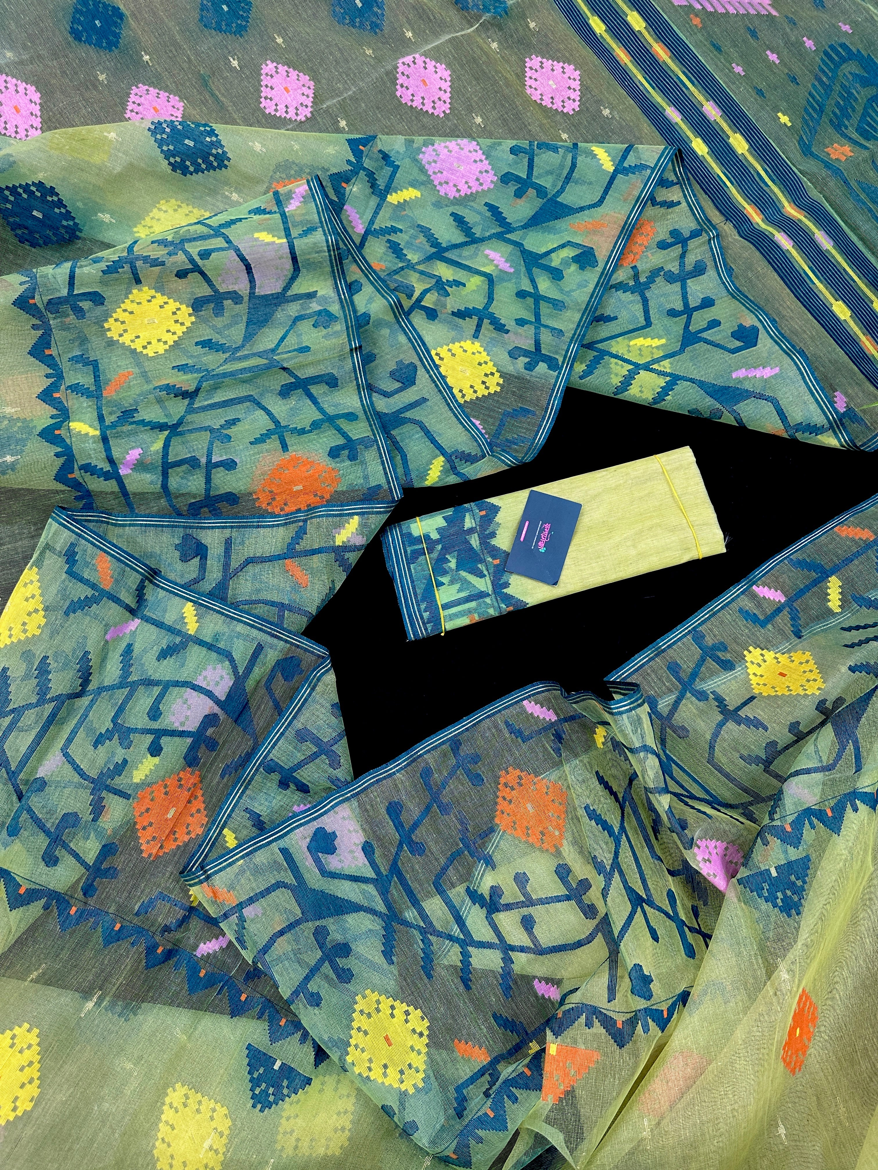 Yellow Exclusive dhakai jamdani saree with all over multi colour threads & flower work soft count.