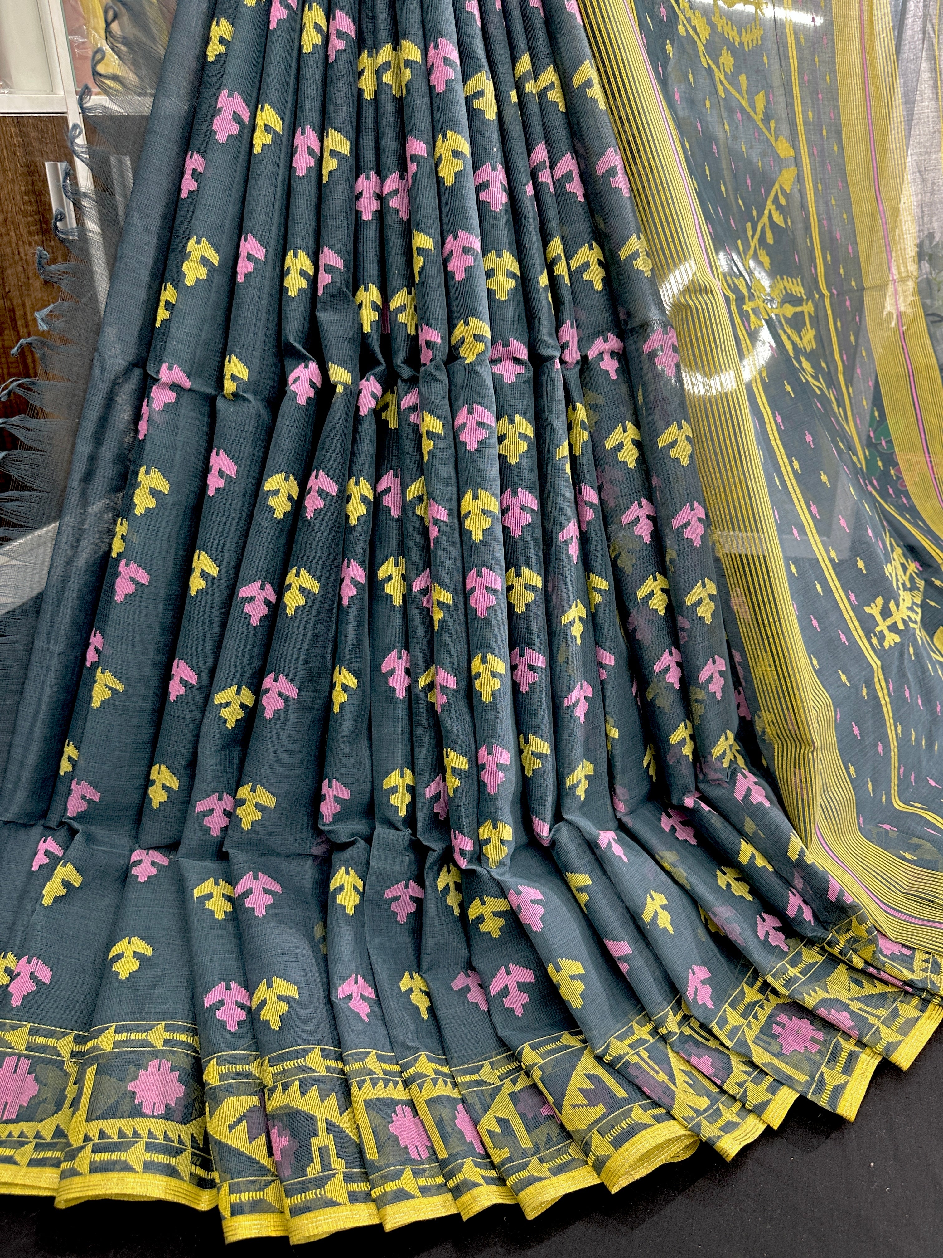 Ash blue cotton jamdani saree with yellow pink threads work