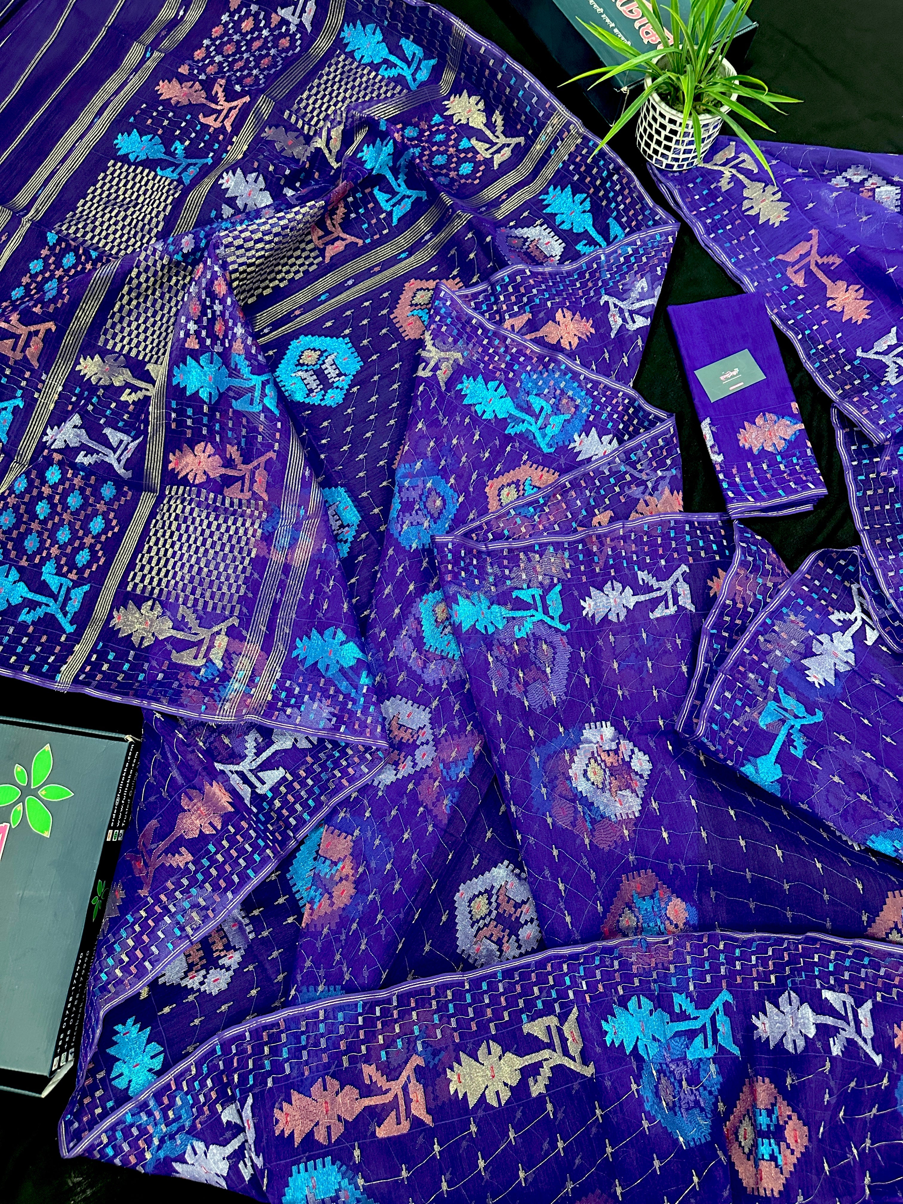 Dual Toned Purple Jamdani Saree With Golden Silver & Copper Jori Work.