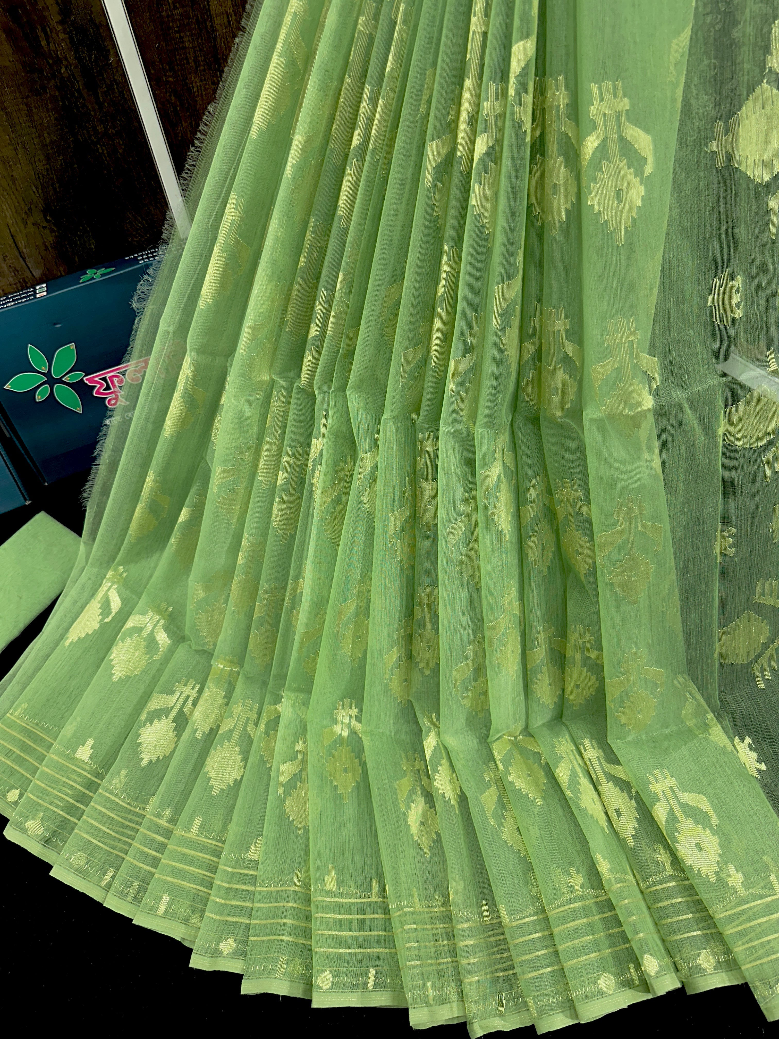 Mint halfsilk jamdani saree with golden jori work and blouse piece
