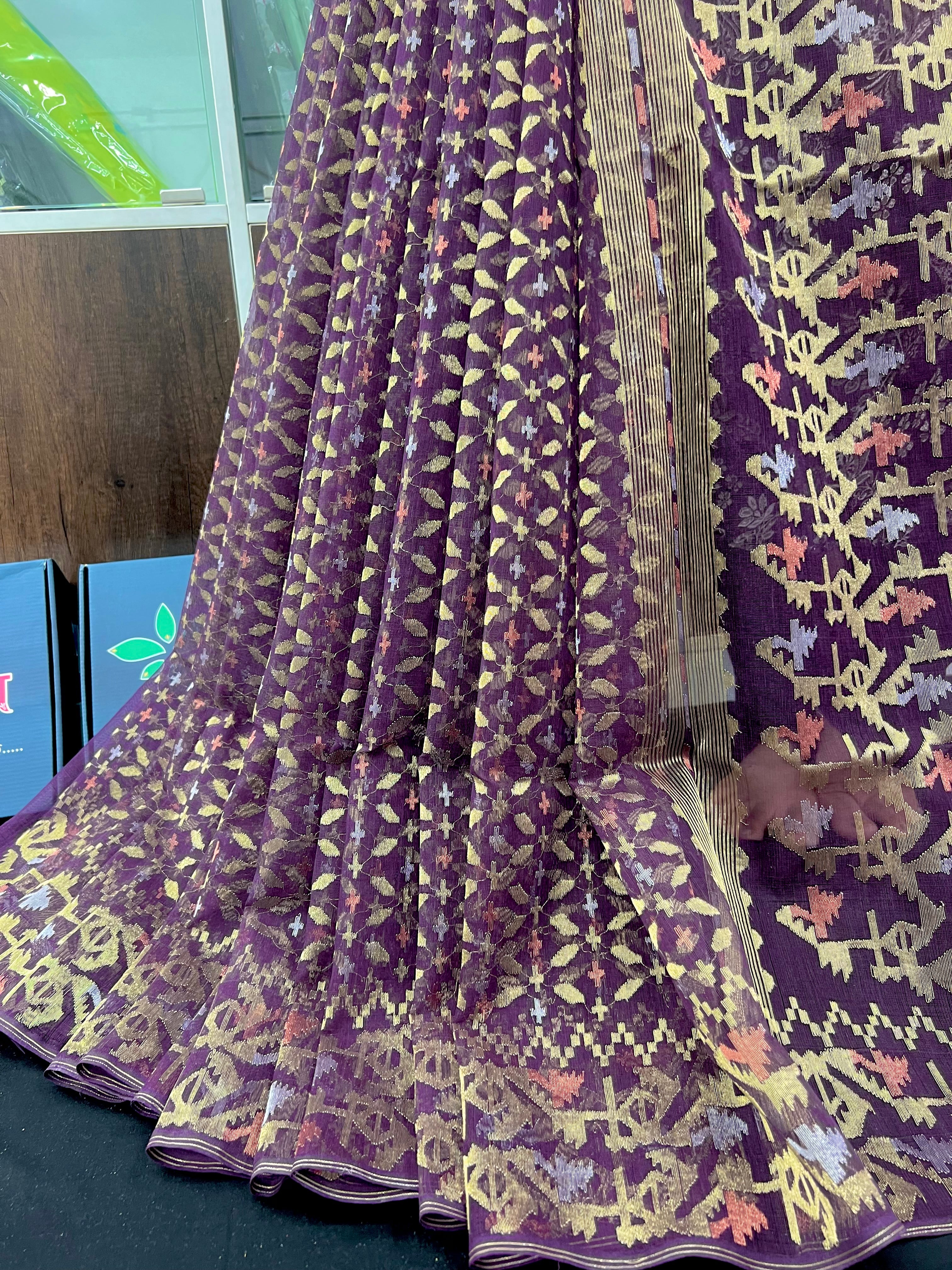 Dark bitrut dual toned exclusive halfsilk jamdani saree with golden silver & copper jori work