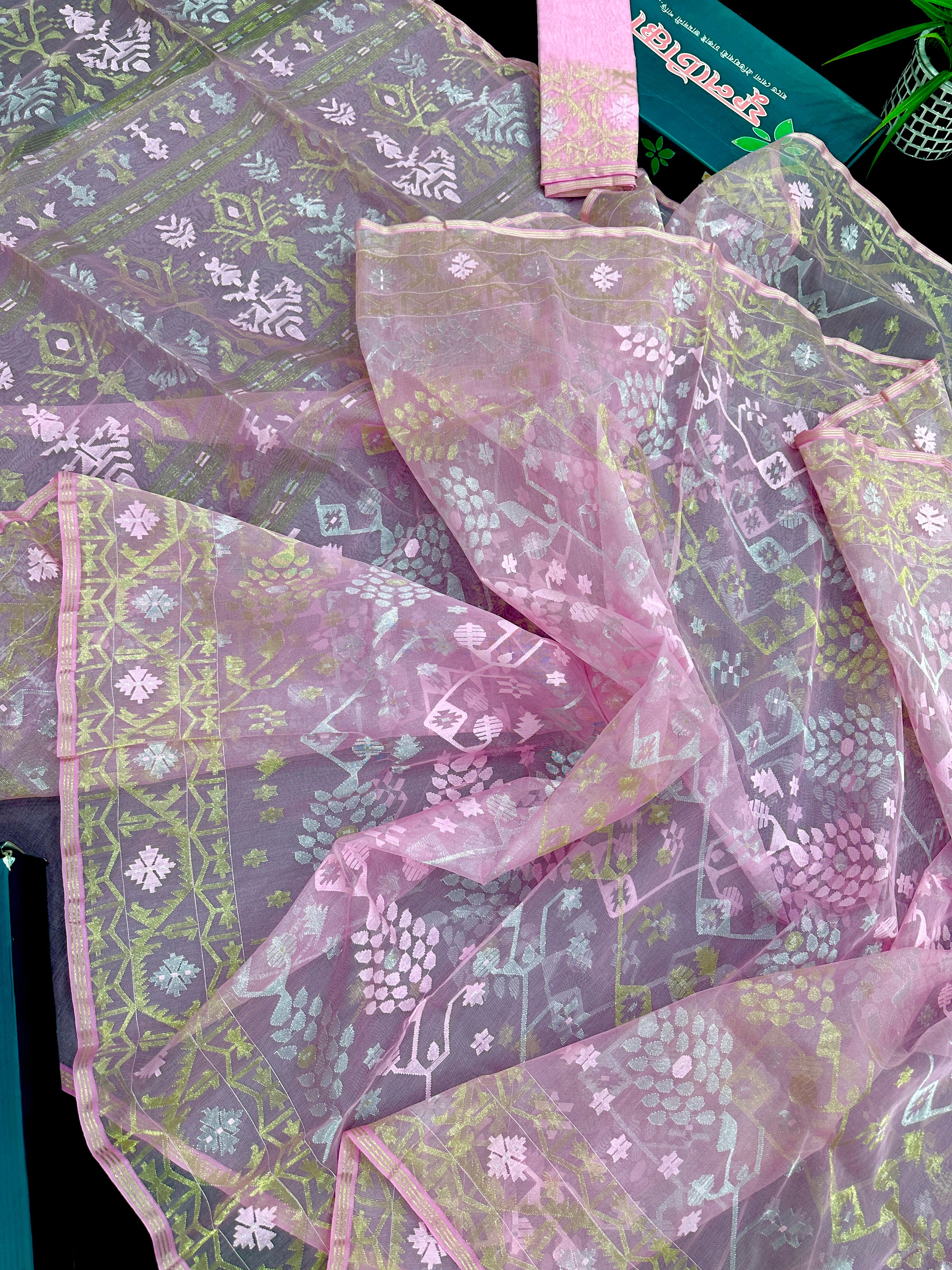 Baby Pink Super Exclusive Jamdani With Silver Golden And Pink Threads Work.