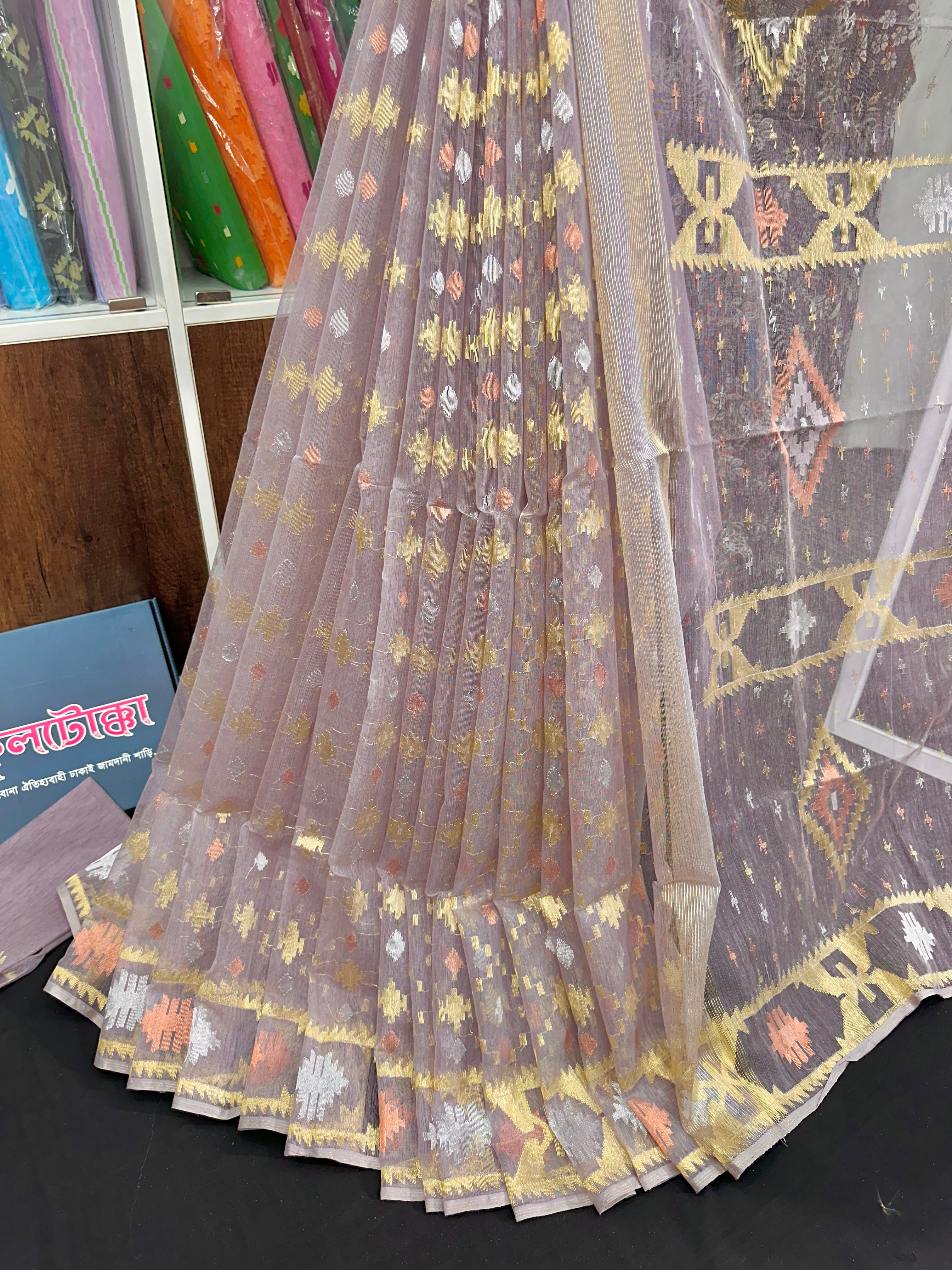 Lilac halfsilk jamdani saree with golden silver & copper jori work