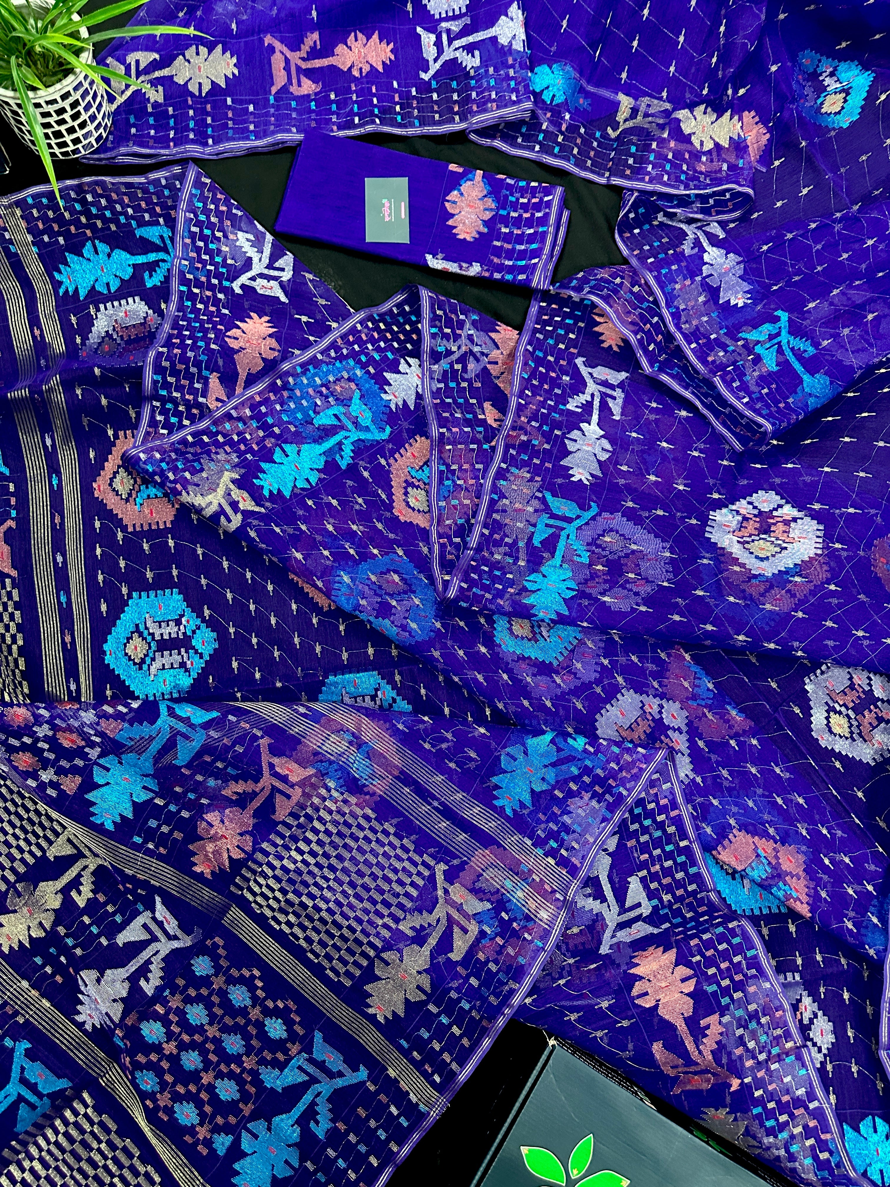 Dual Toned Purple Jamdani Saree With Golden Silver & Copper Jori Work.