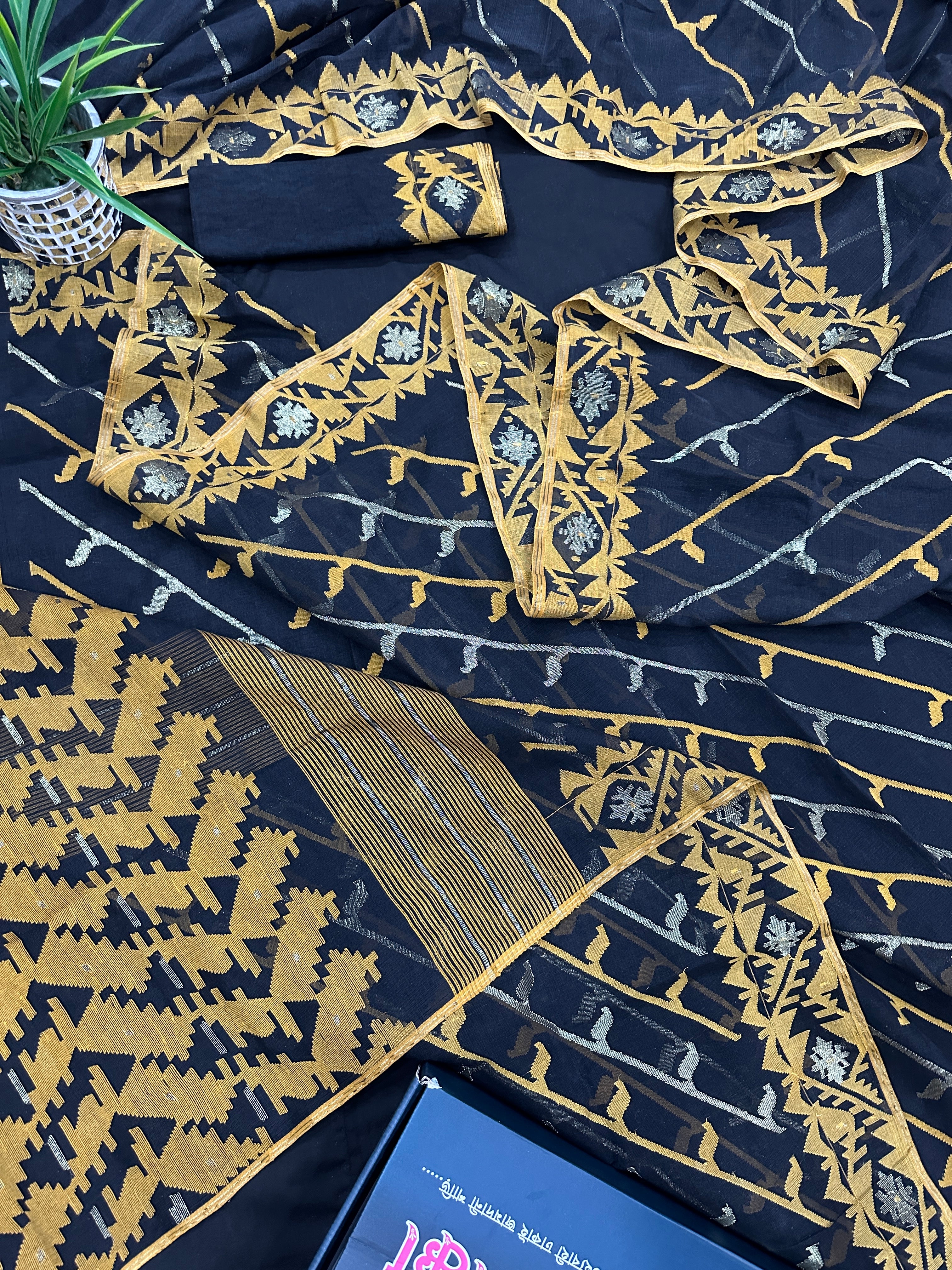 Black cotton jamdani saree with yellow threads work and Silver jori work & blouse piece.