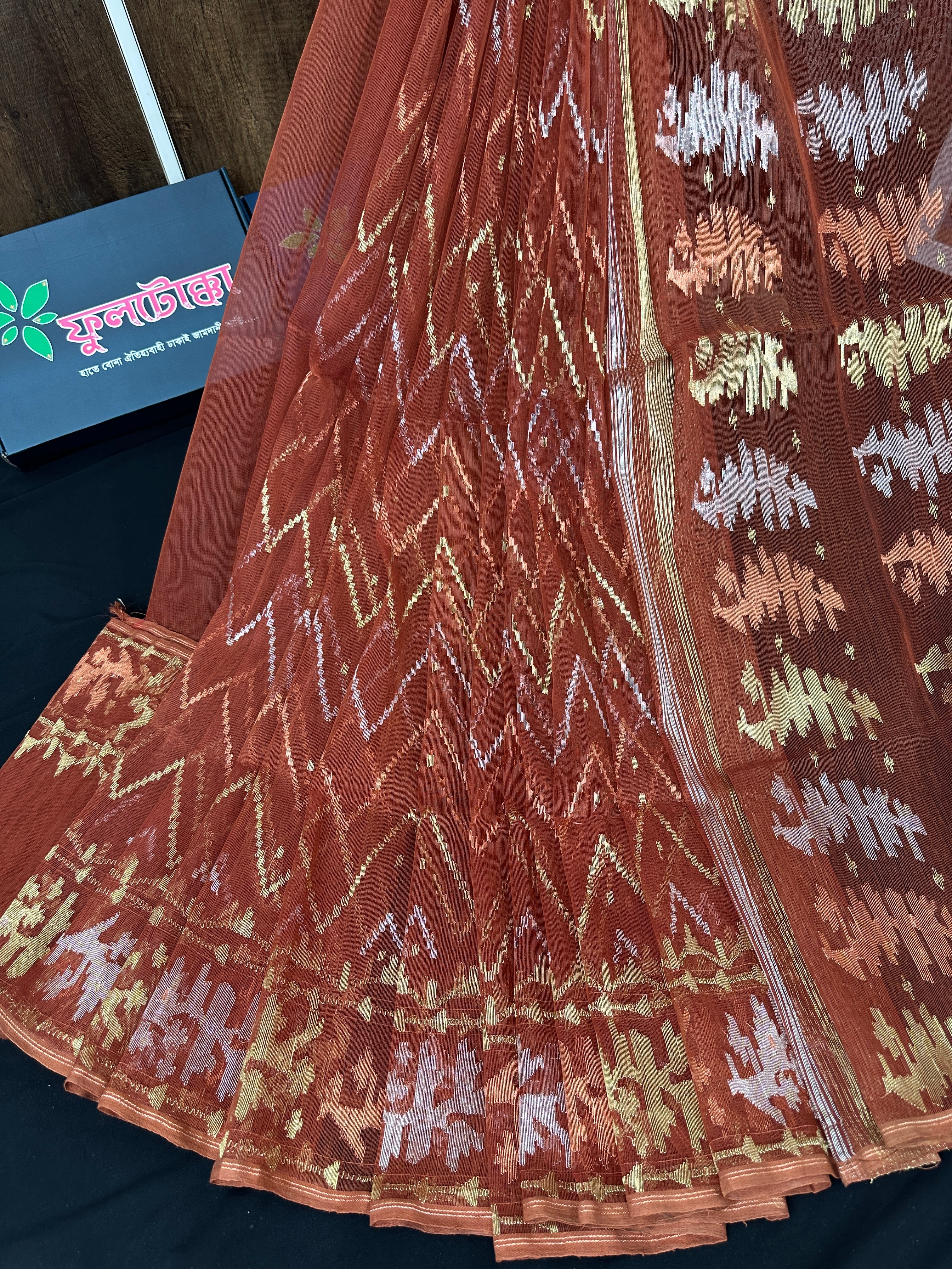 Brown halfsilk jamdani saree with golden silver and copper jori work