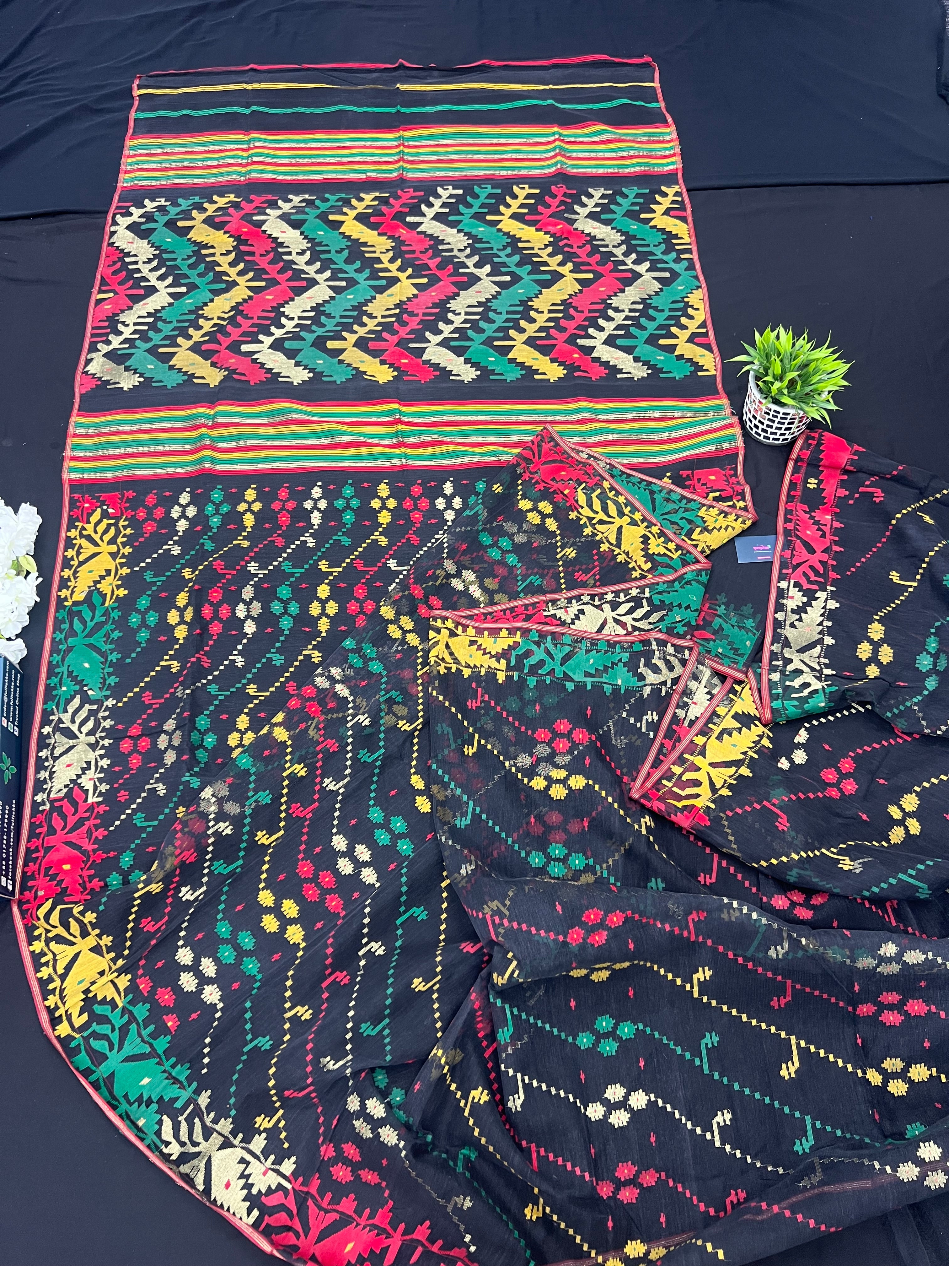 Black cotton jamdani saree with red green yellow multiple threads work