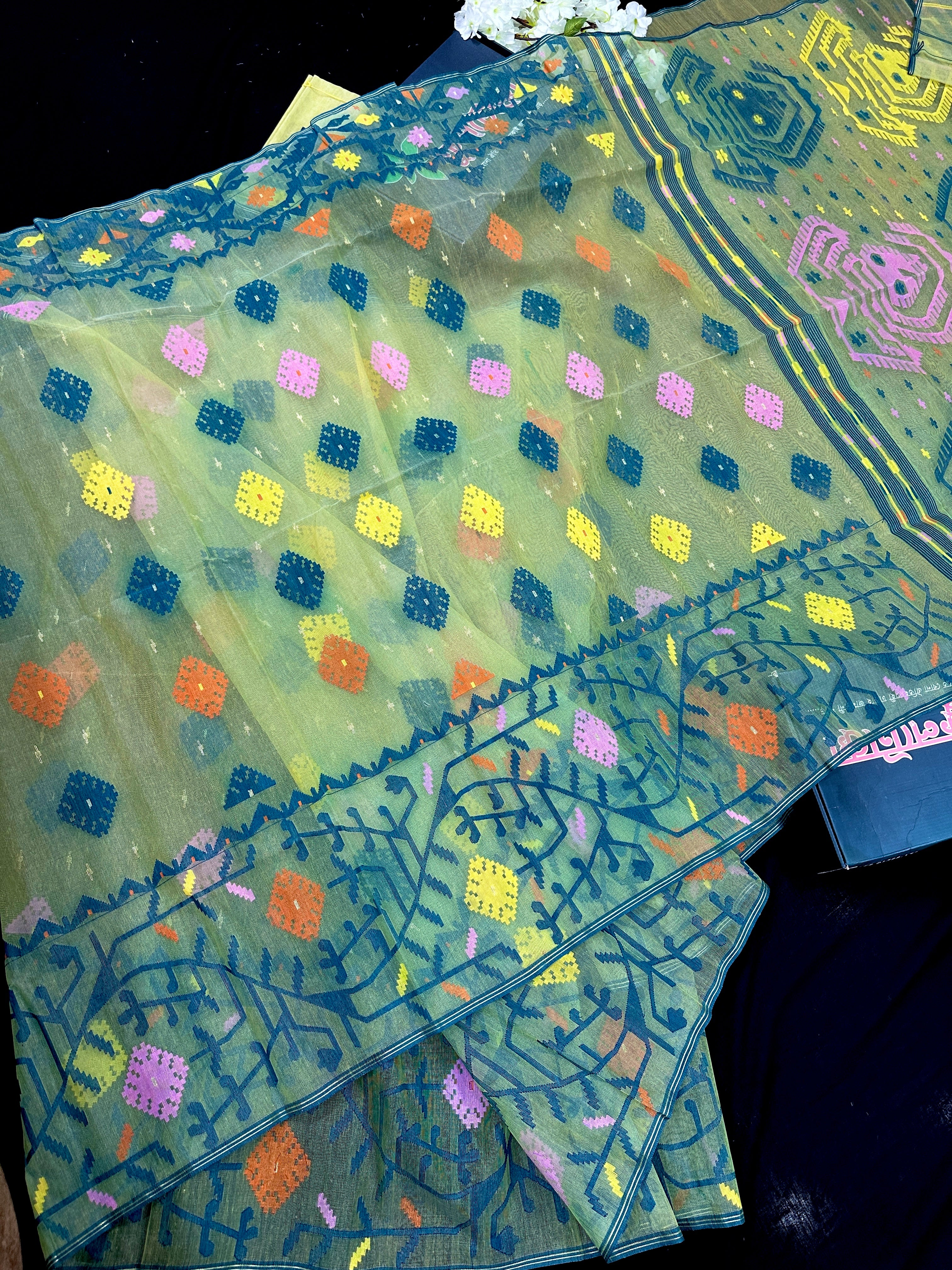 Yellow Exclusive dhakai jamdani saree with all over multi colour threads & flower work soft count.