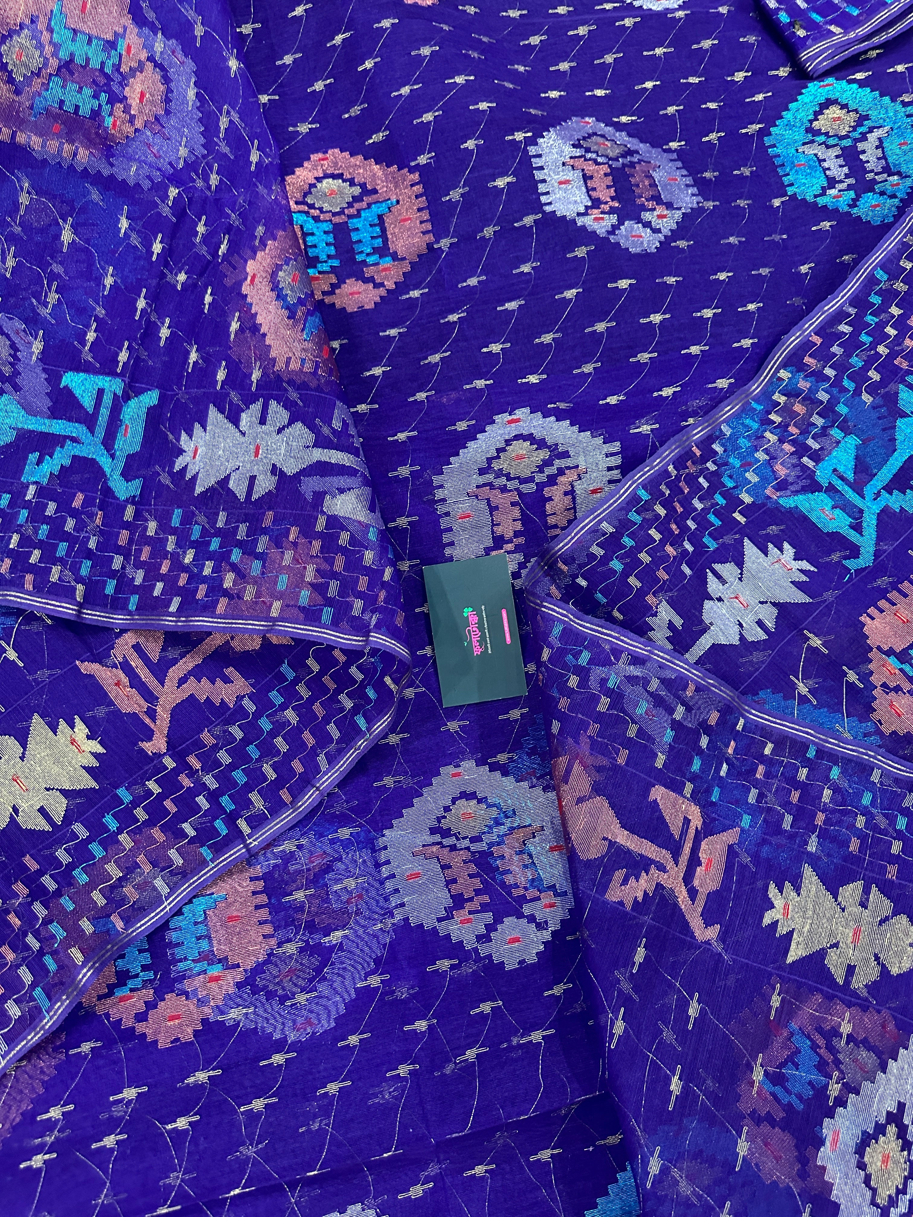 Dual Toned Purple Jamdani Saree With Golden Silver & Copper Jori Work.