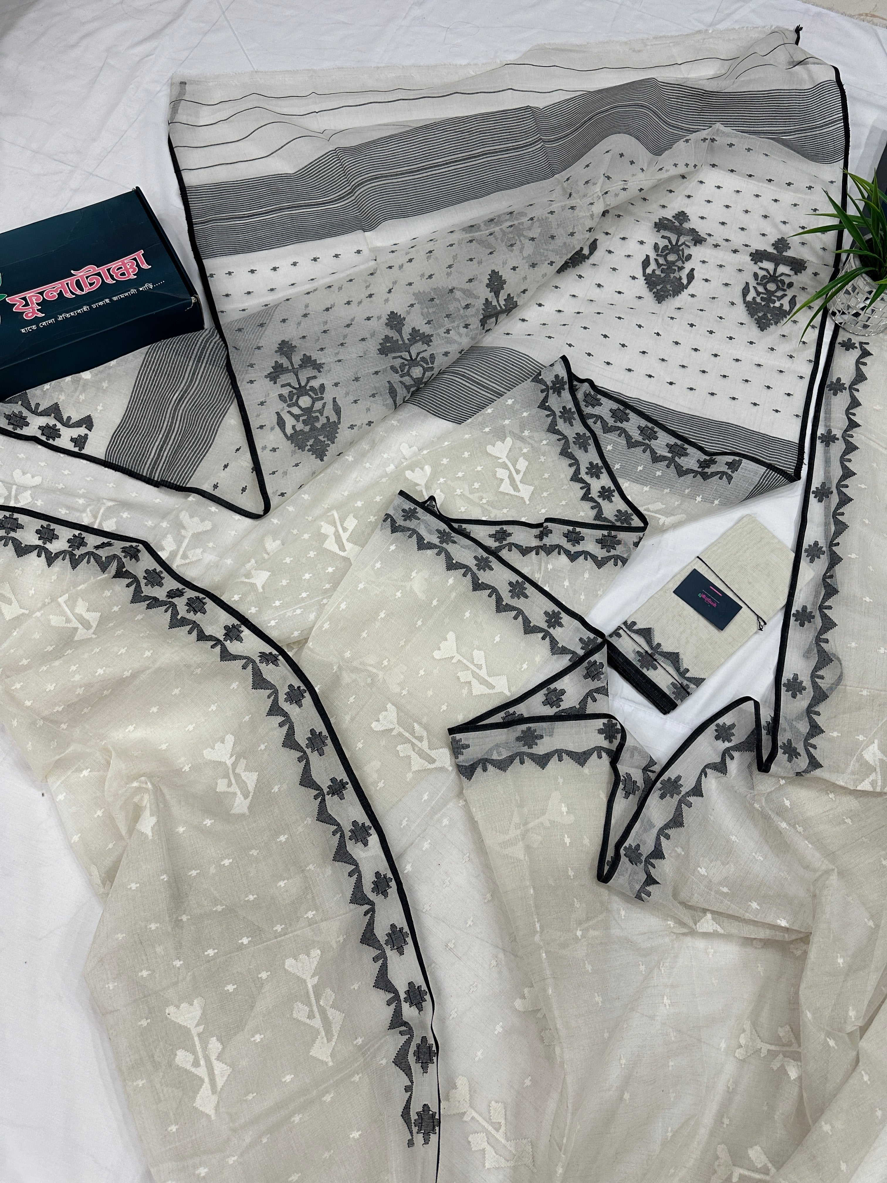 Black White Jamdani Saree With Black Threads & White Threads Work.