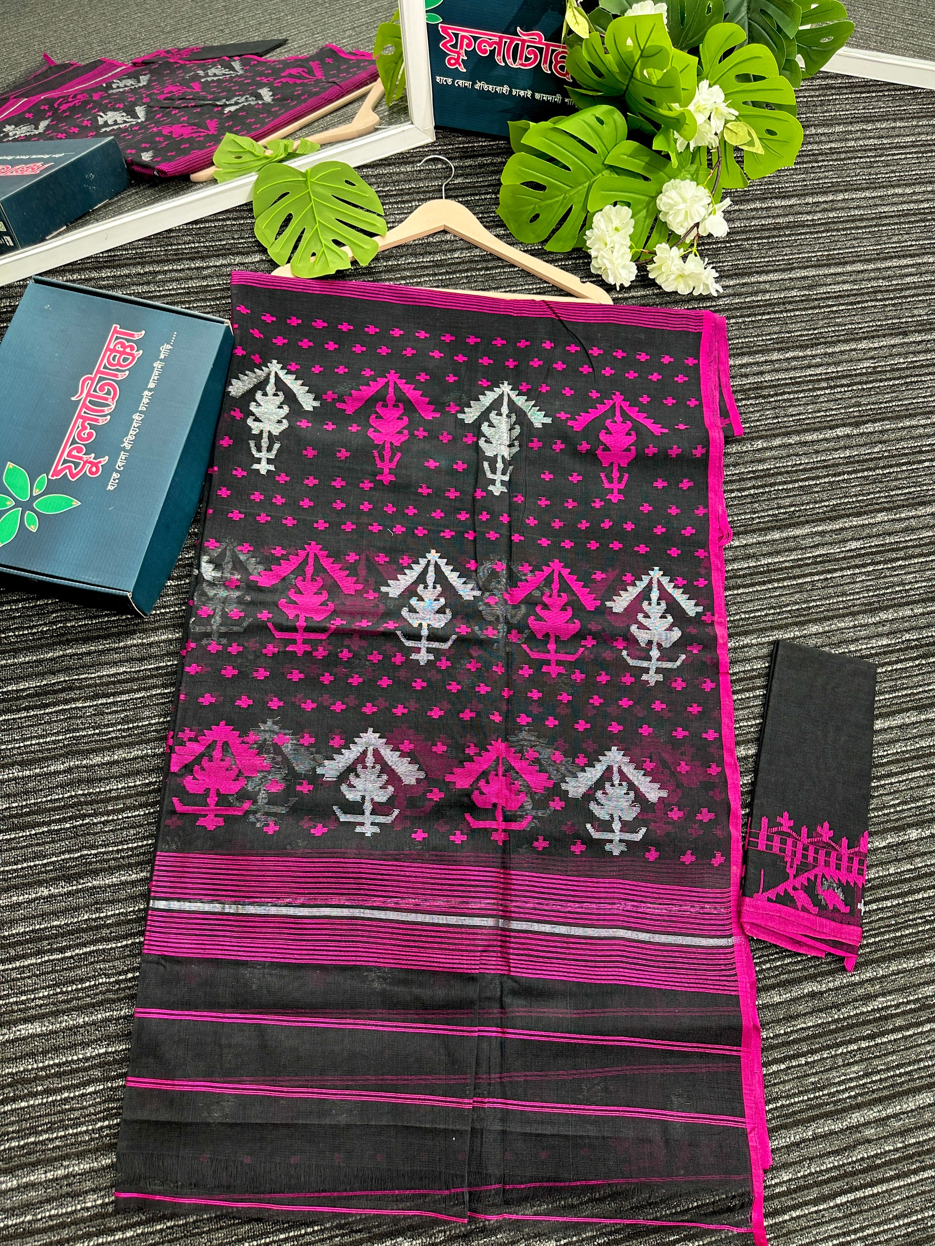Black cotton jamdani saree with magenta threads work and silver jori work