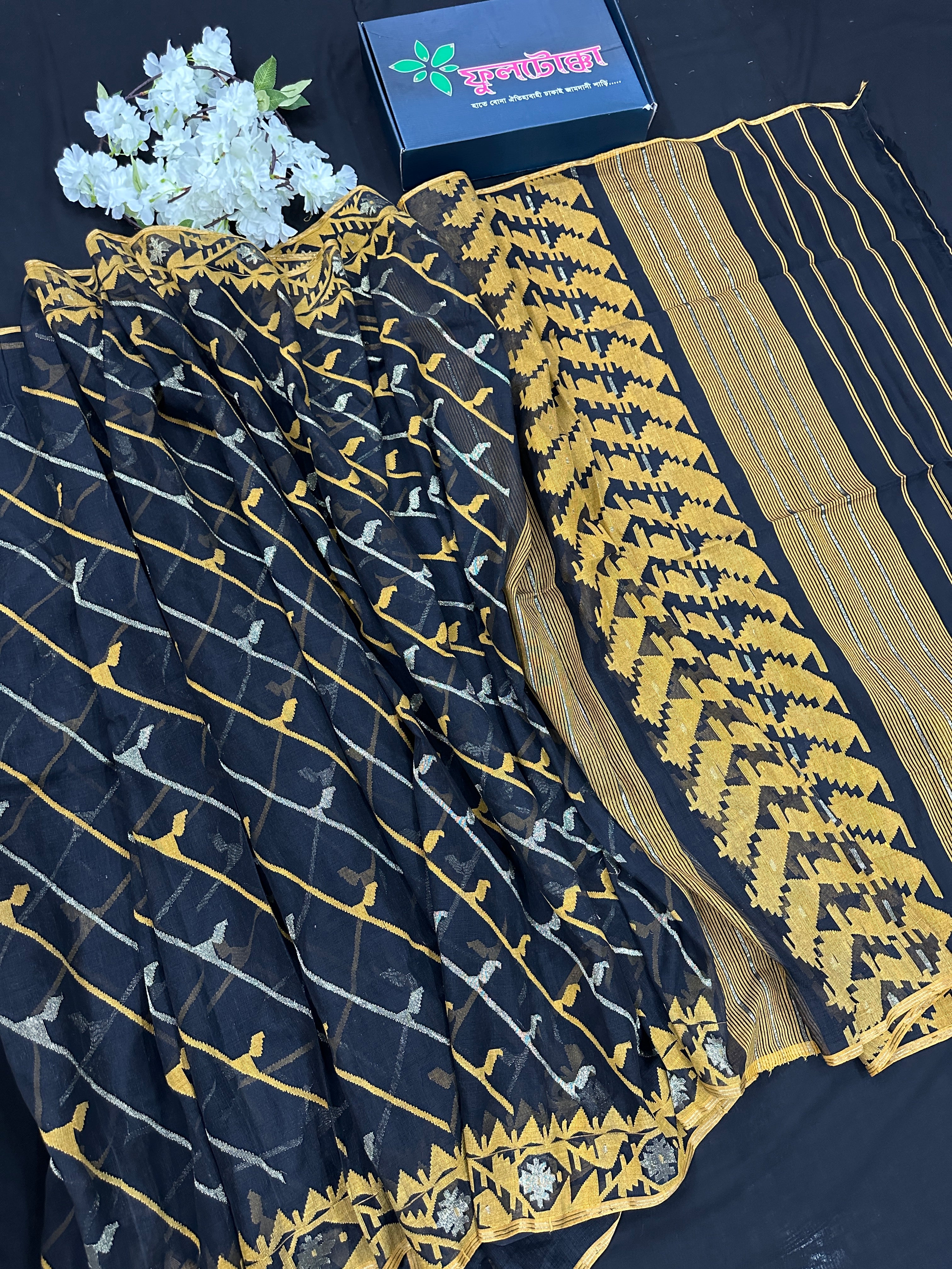 Black cotton jamdani saree with yellow threads work and Silver jori work & blouse piece.