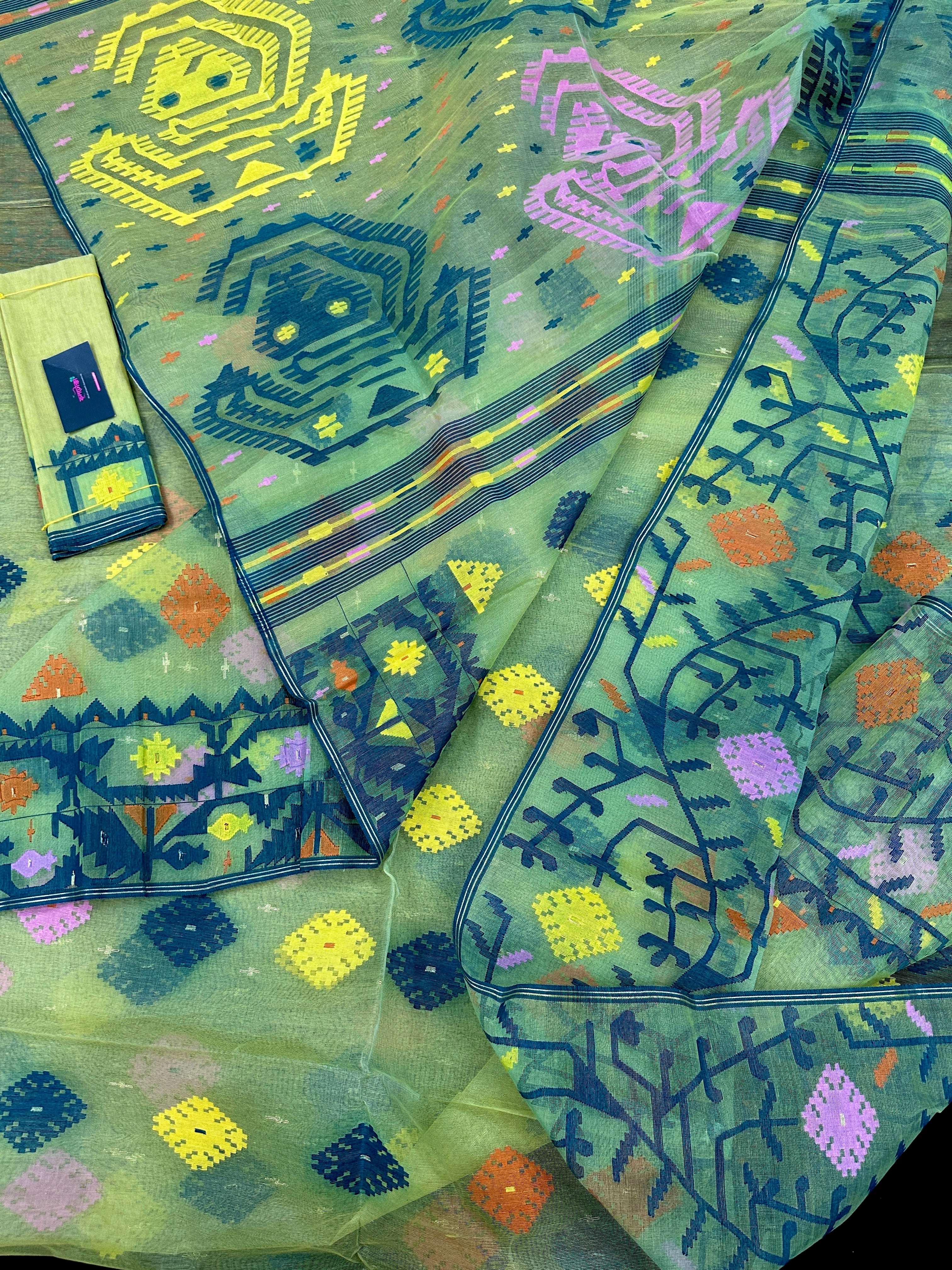 Yellow Exclusive dhakai jamdani saree with all over multi colour threads & flower work soft count.