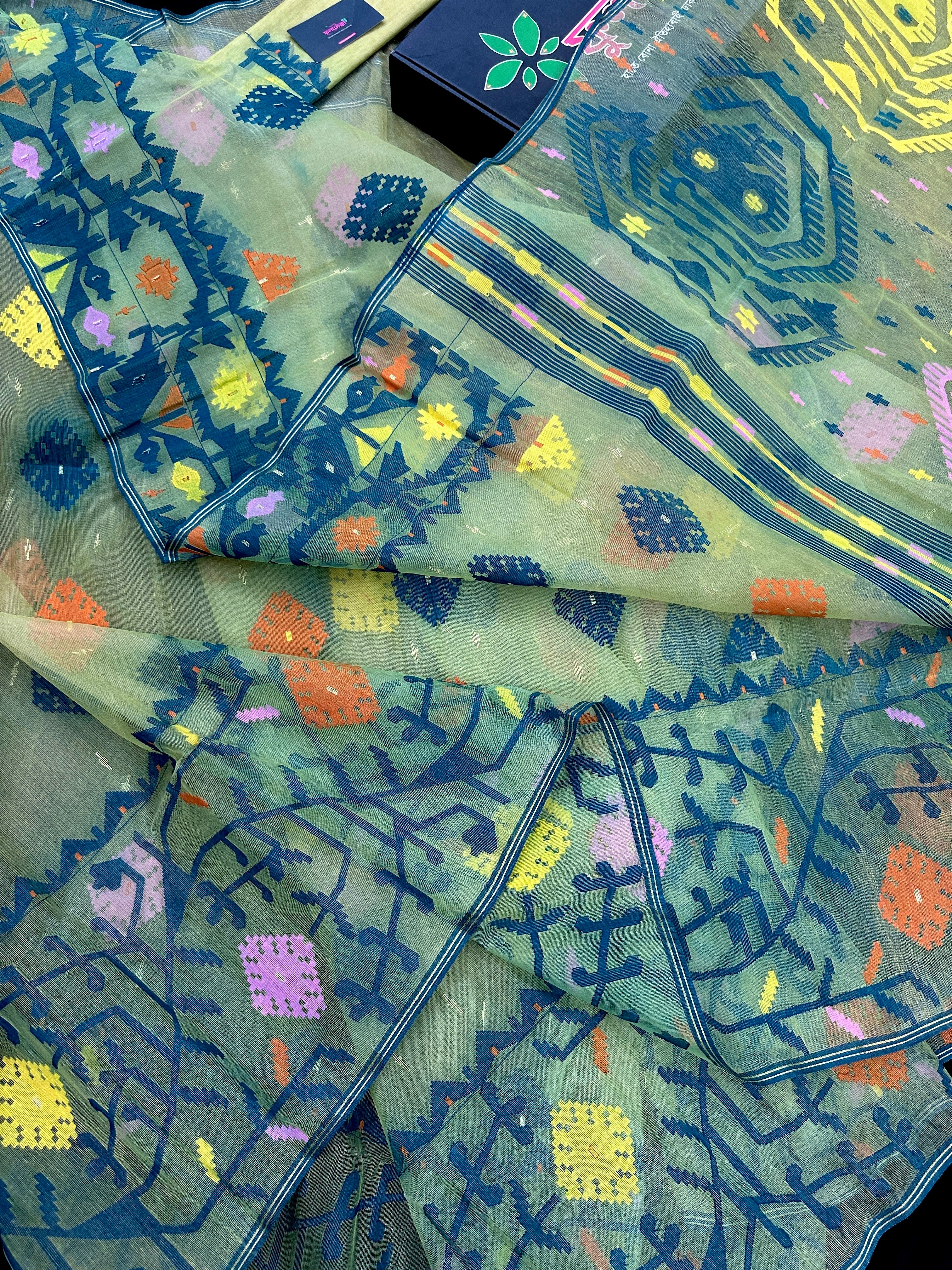 Yellow Exclusive dhakai jamdani saree with all over multi colour threads & flower work soft count.