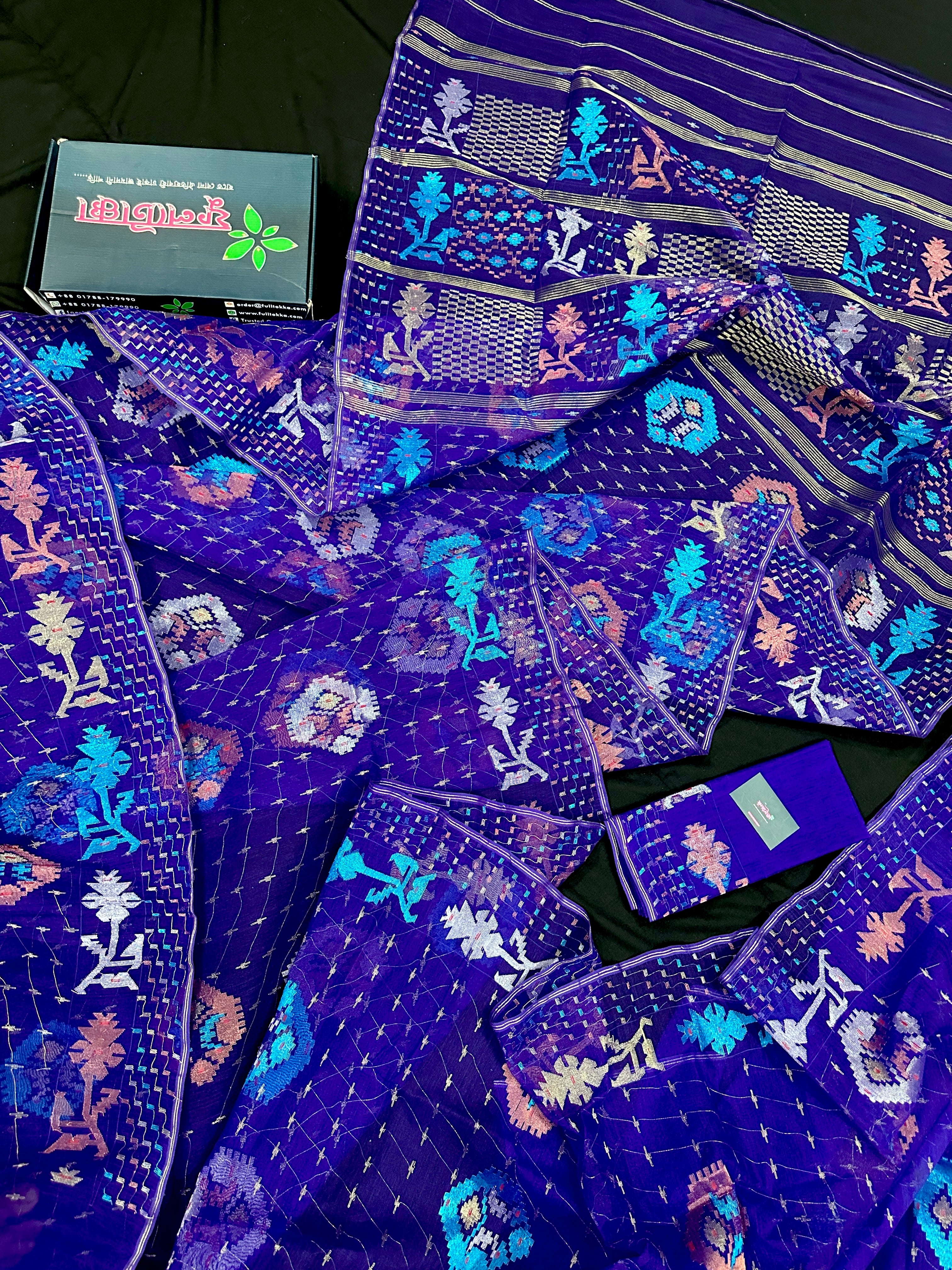 Dual Toned Purple Jamdani Saree With Golden Silver & Copper Jori Work.