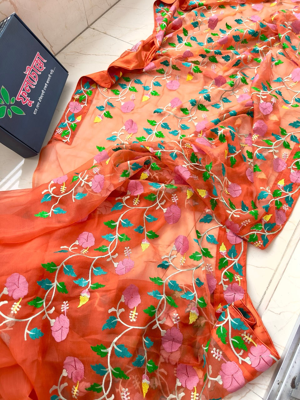 Orange Muslin Saree With Tantuj Work