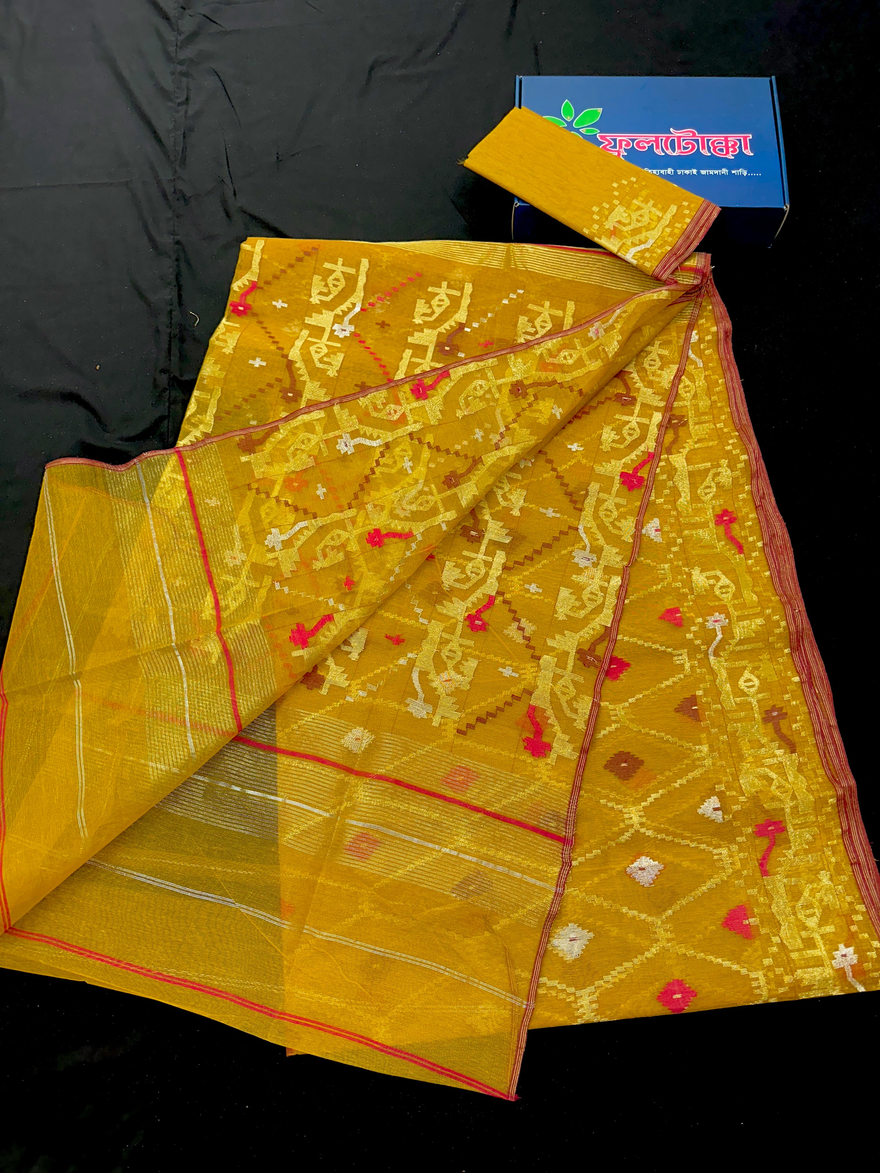 Mustard Yellow Eye catching Handloom original dhakai jamdani saree.