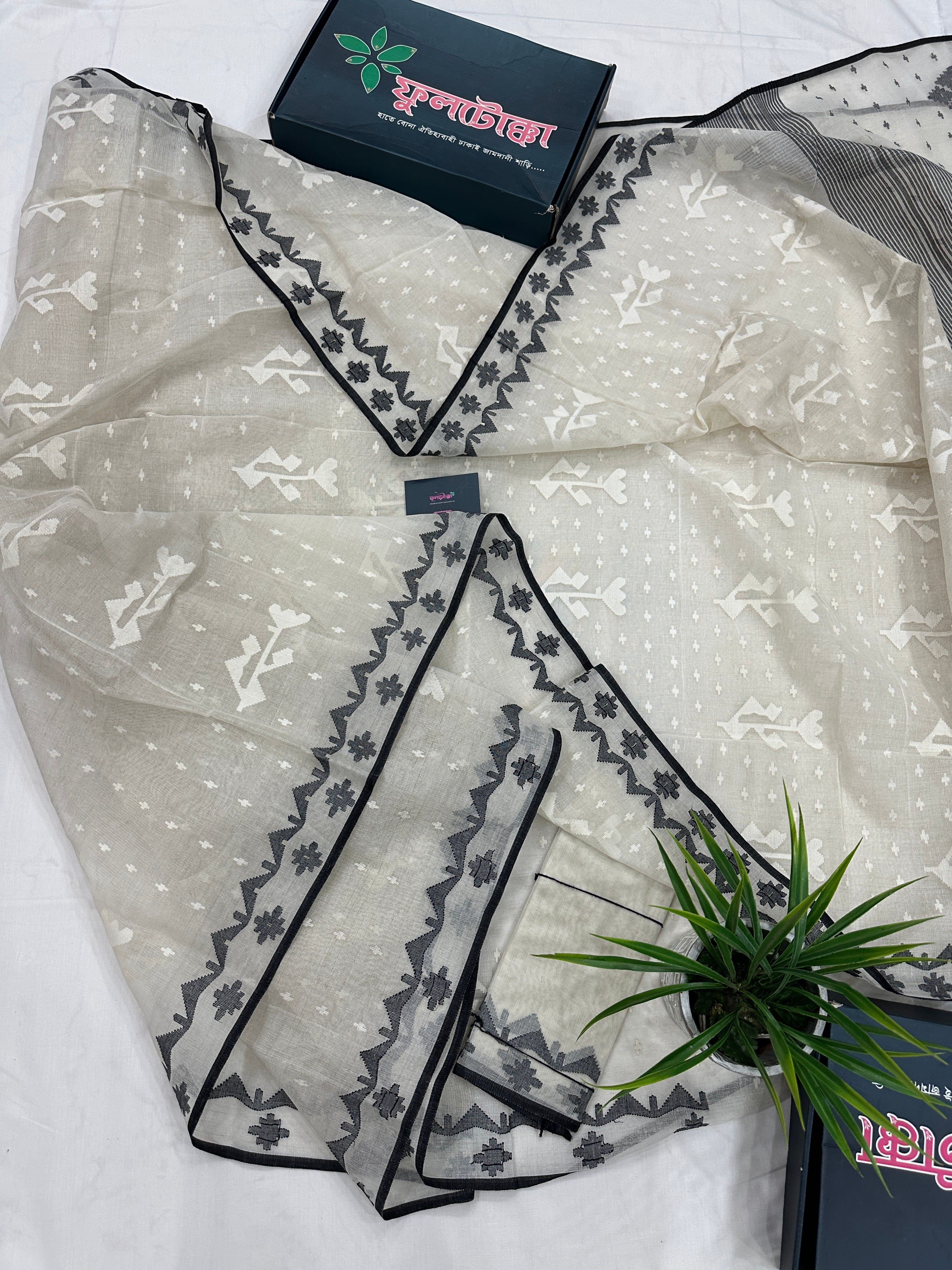 Black White Jamdani Saree With Black Threads & White Threads Work.