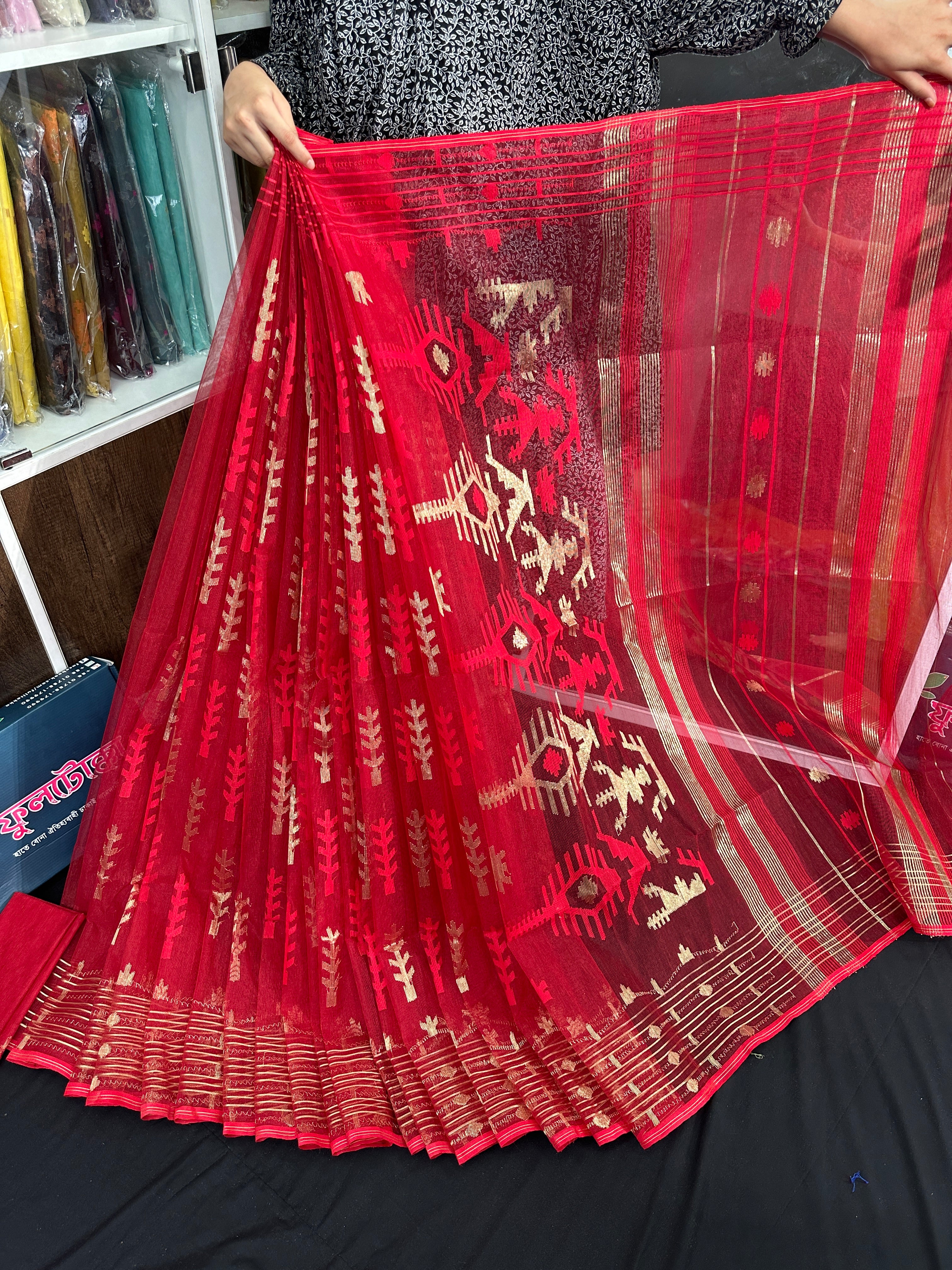 Red semi bridal halfsilk jamdani saree with golden jori work and red threads work