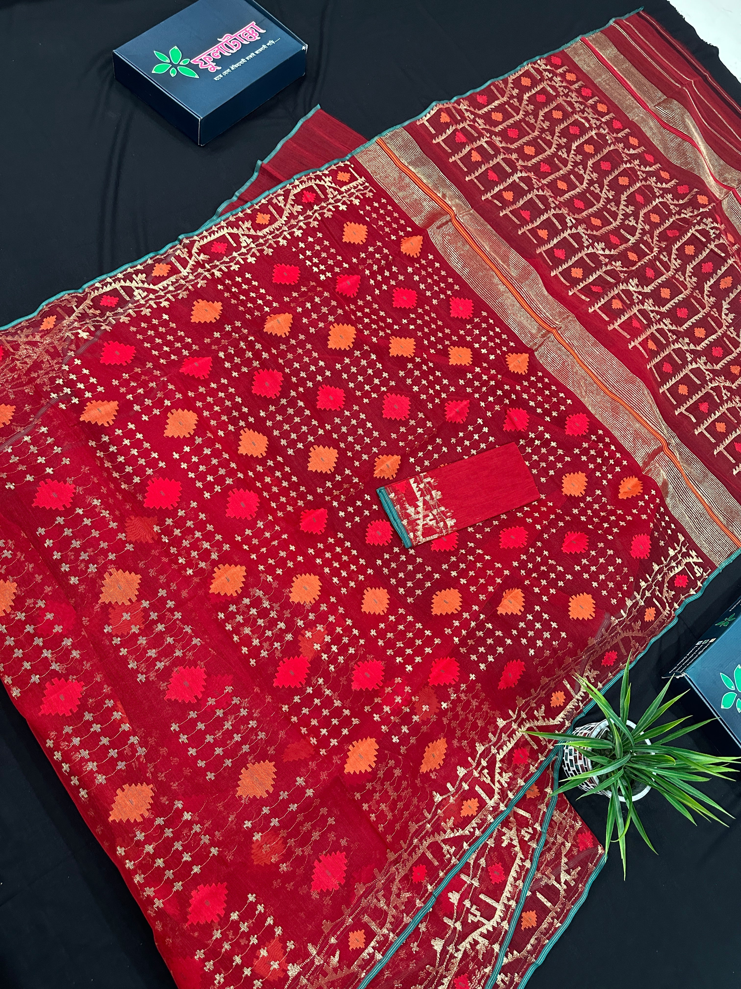 Bridal Red Halfsilk Jamdani Saree With Golden Jori Work & Red Threads work.