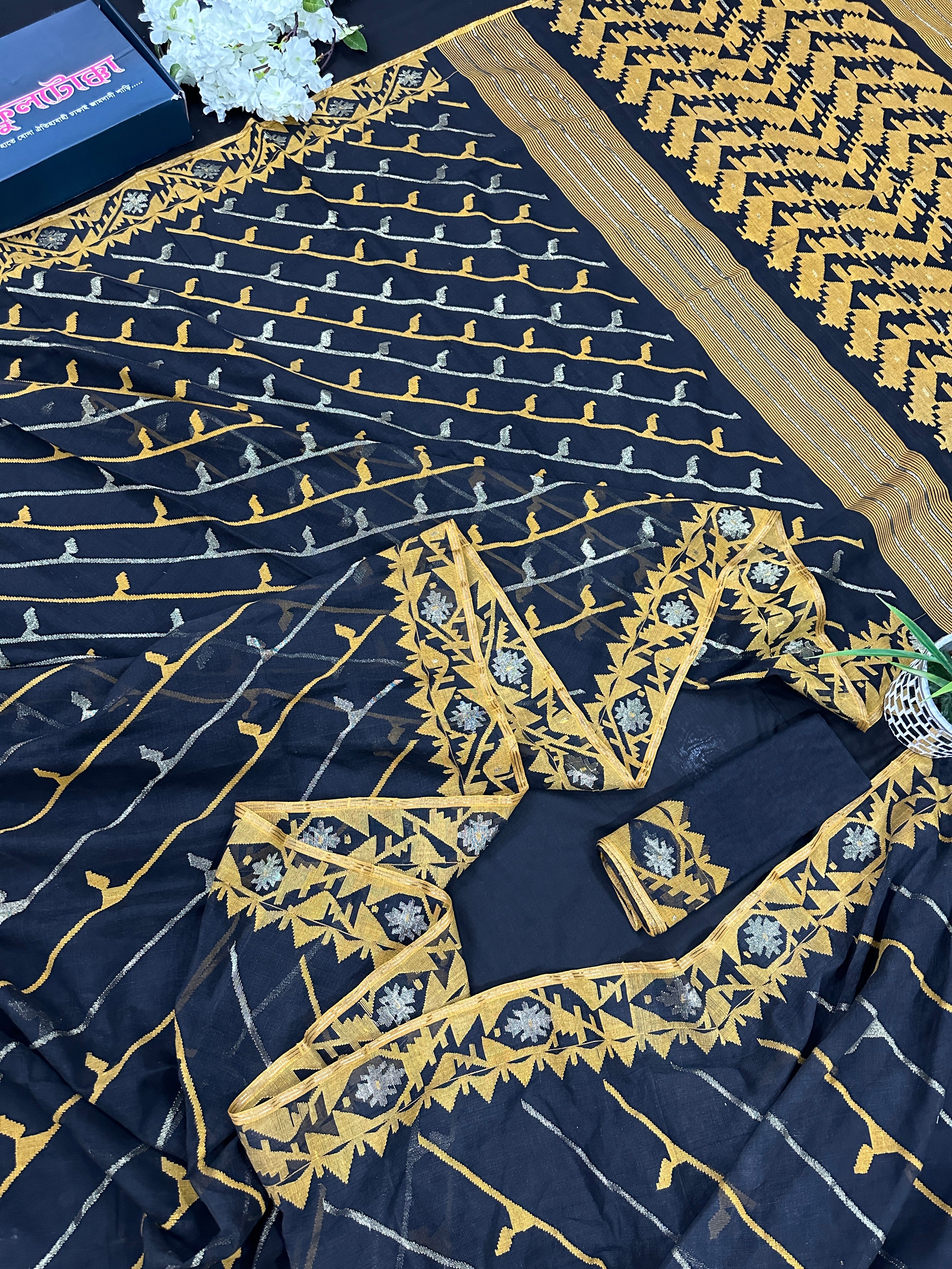 Black cotton jamdani saree with yellow threads work and Silver jori work & blouse piece.