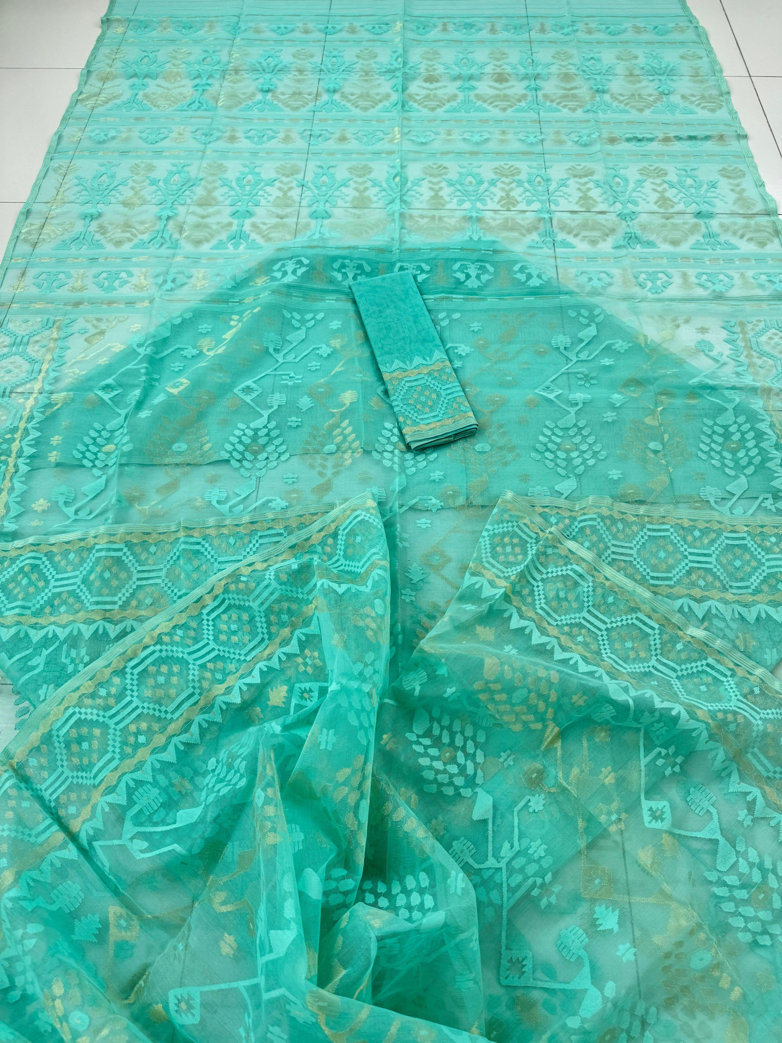 Teal blue super exclusive jamdani saree with self threads work and golden jori work