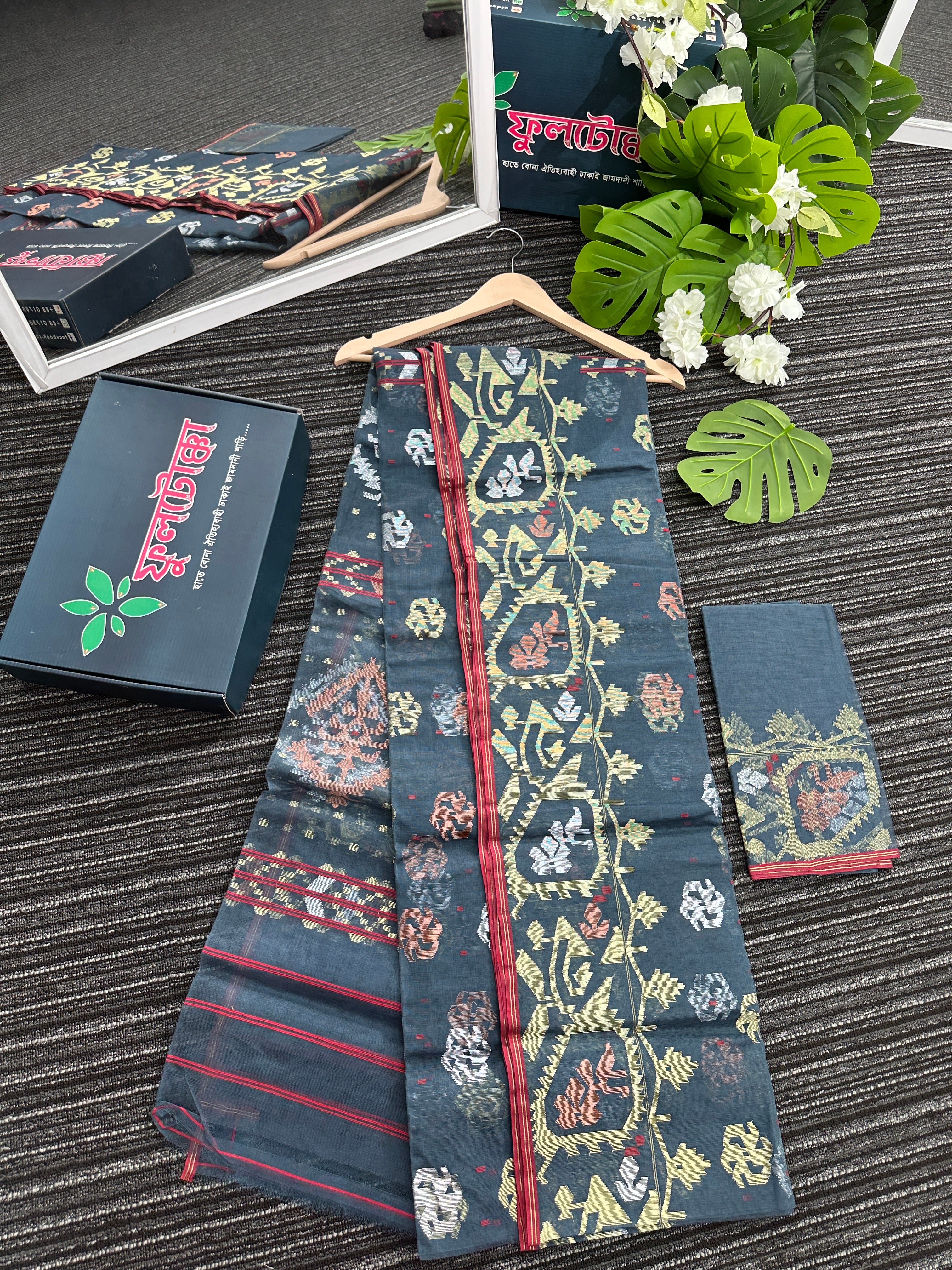 Ash blue exclusive halfsilk jamdani saree with golden silver & copper jori work