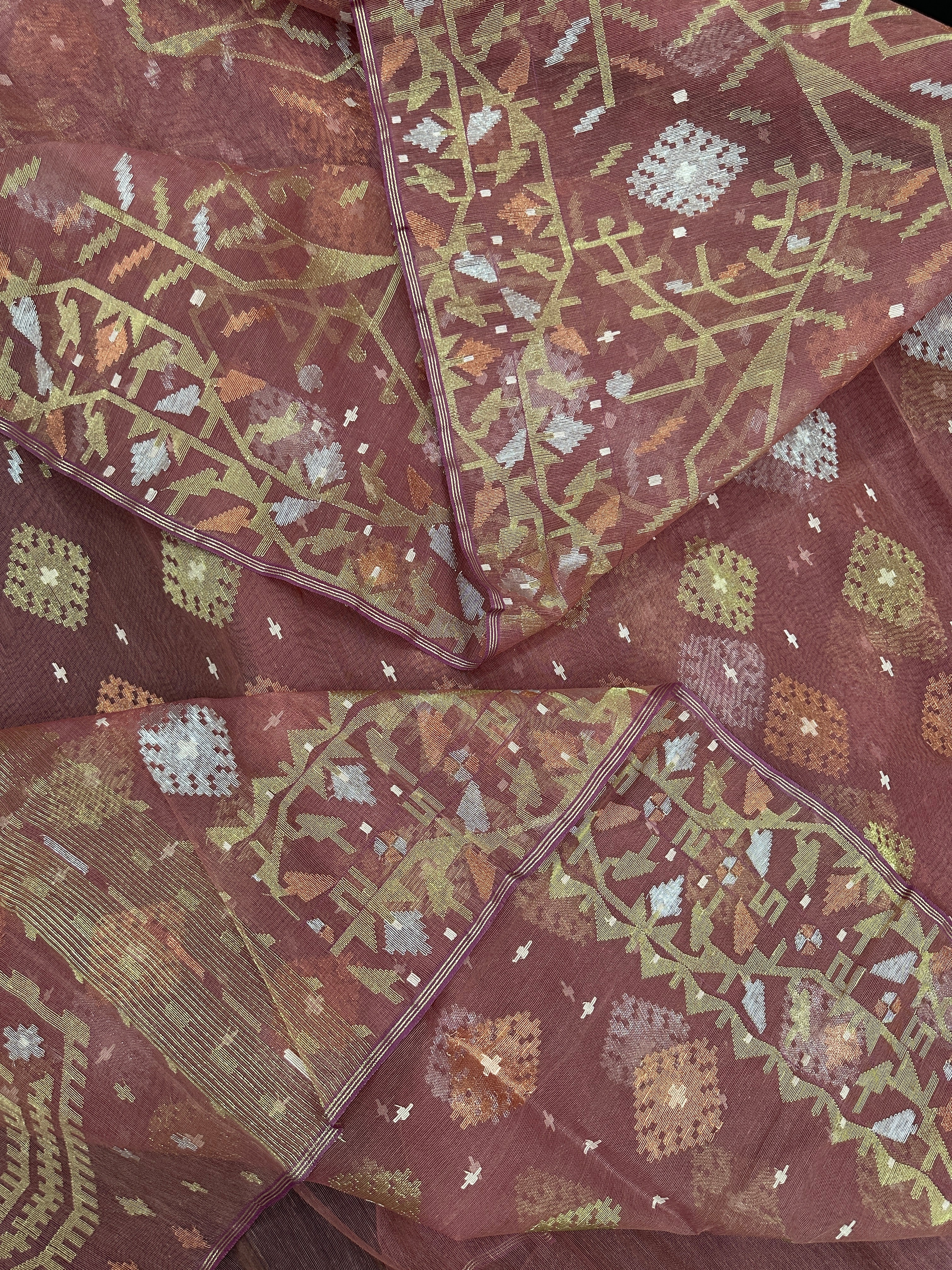 Nude Onion Exclusive Dhakai Jamdani saree with golden silver & copper jori work.