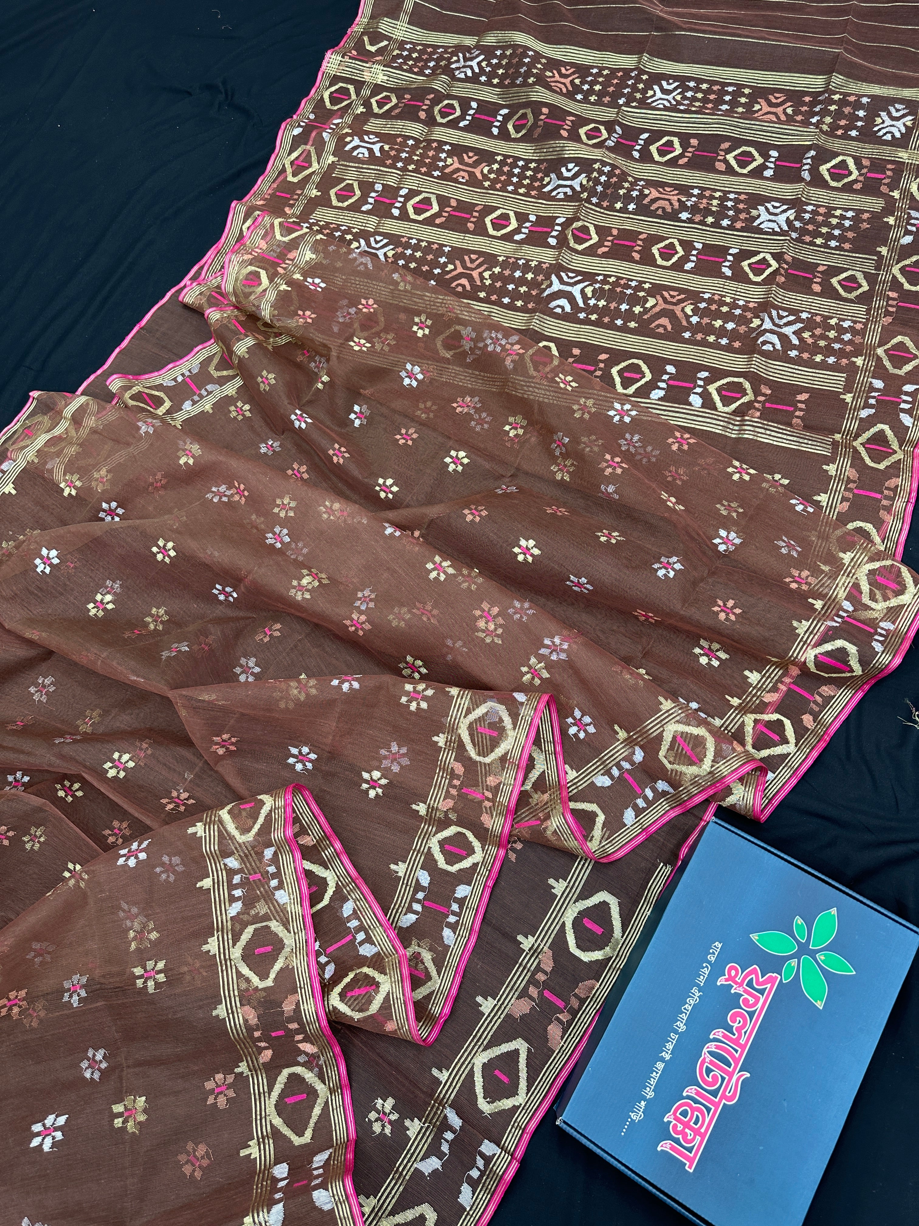 Brown colour halfsilk jamdani saree with golden silver & copper jori work and pink meena work
