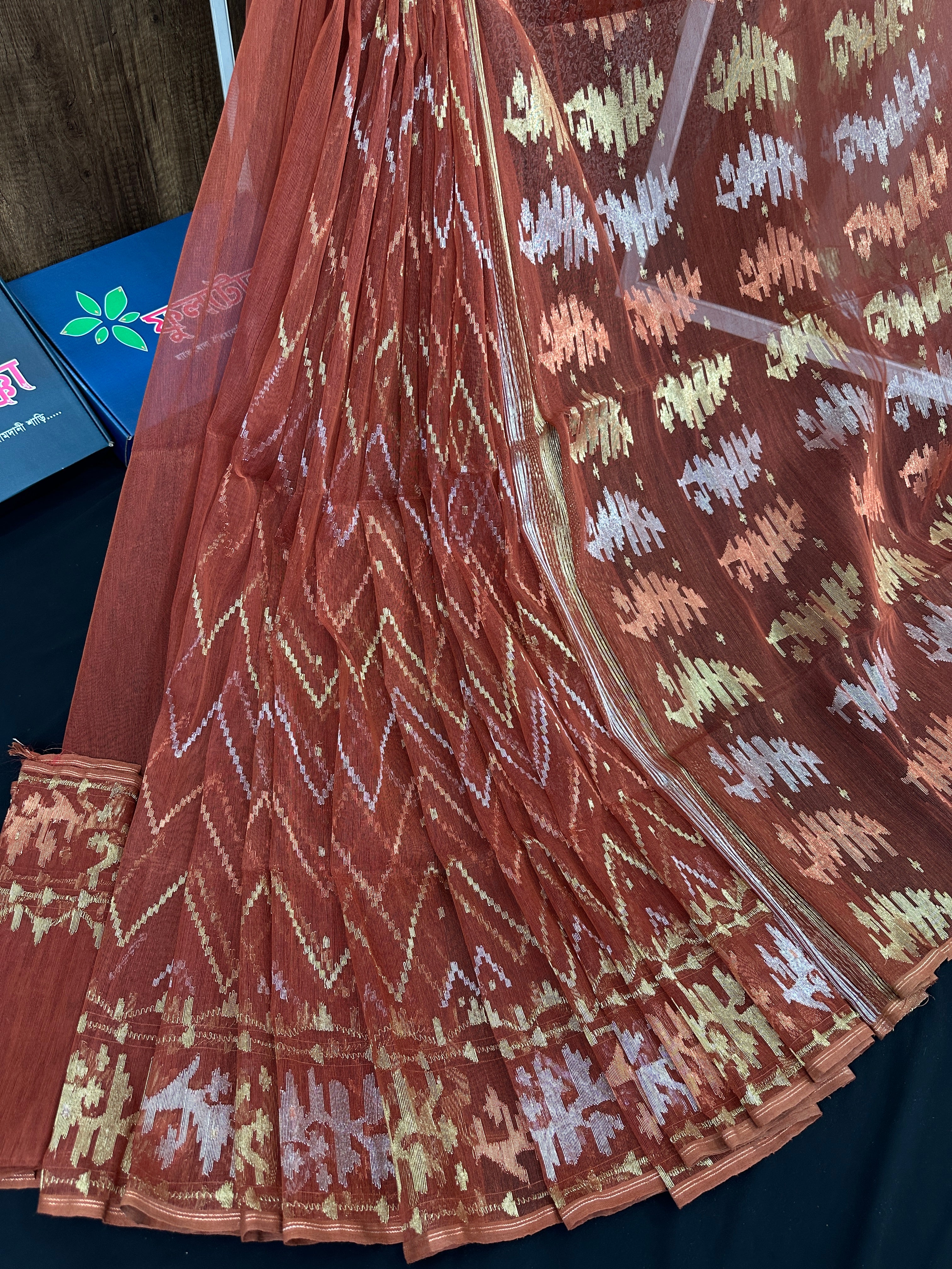 Brown halfsilk jamdani saree with golden silver and copper jori work