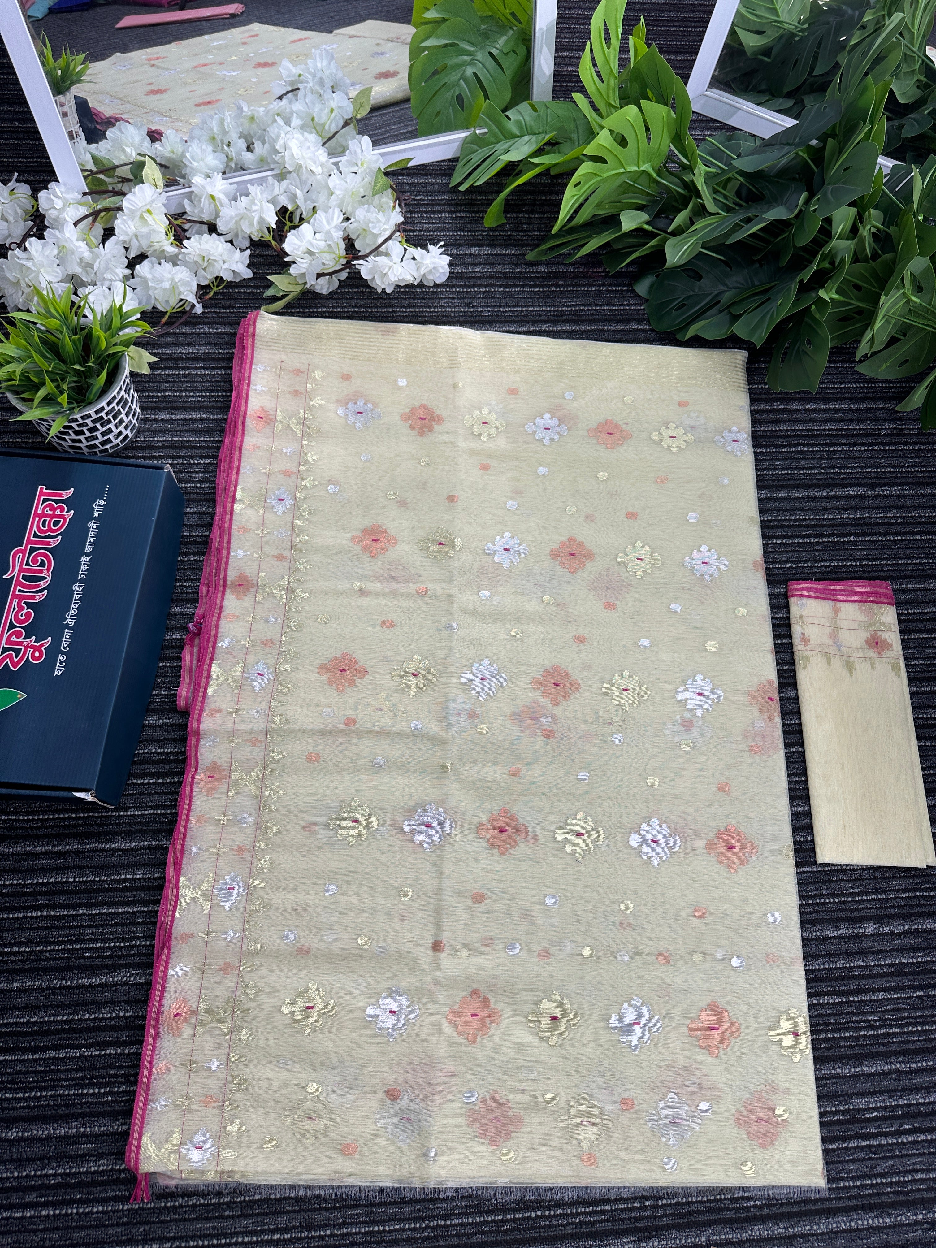 Pearl golden halfsilk jamdani saree with golden silver & copper jori work