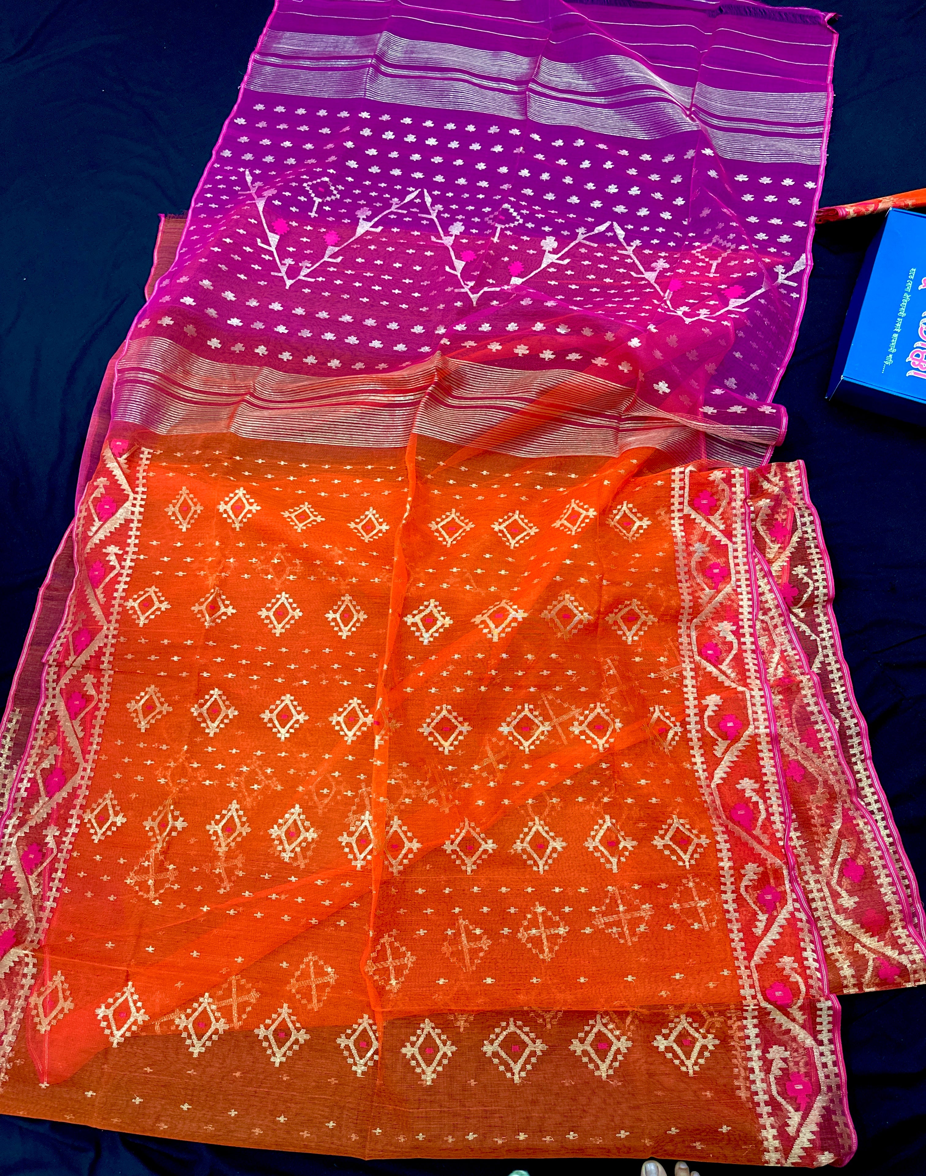 Jamdani Of Orange With Magenta Combination.