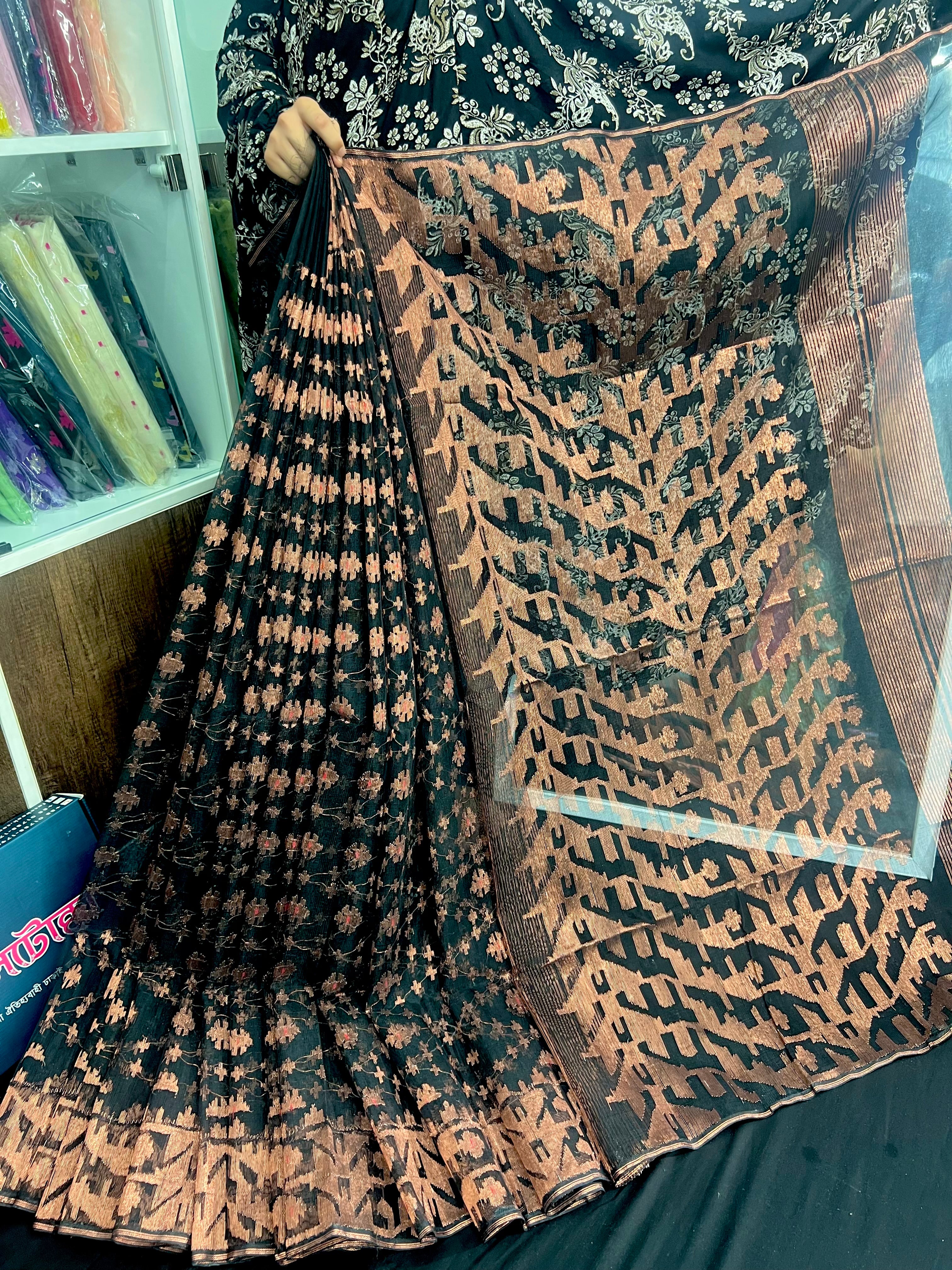 Black with copper halfsilk jamdani saree with magenta meena work